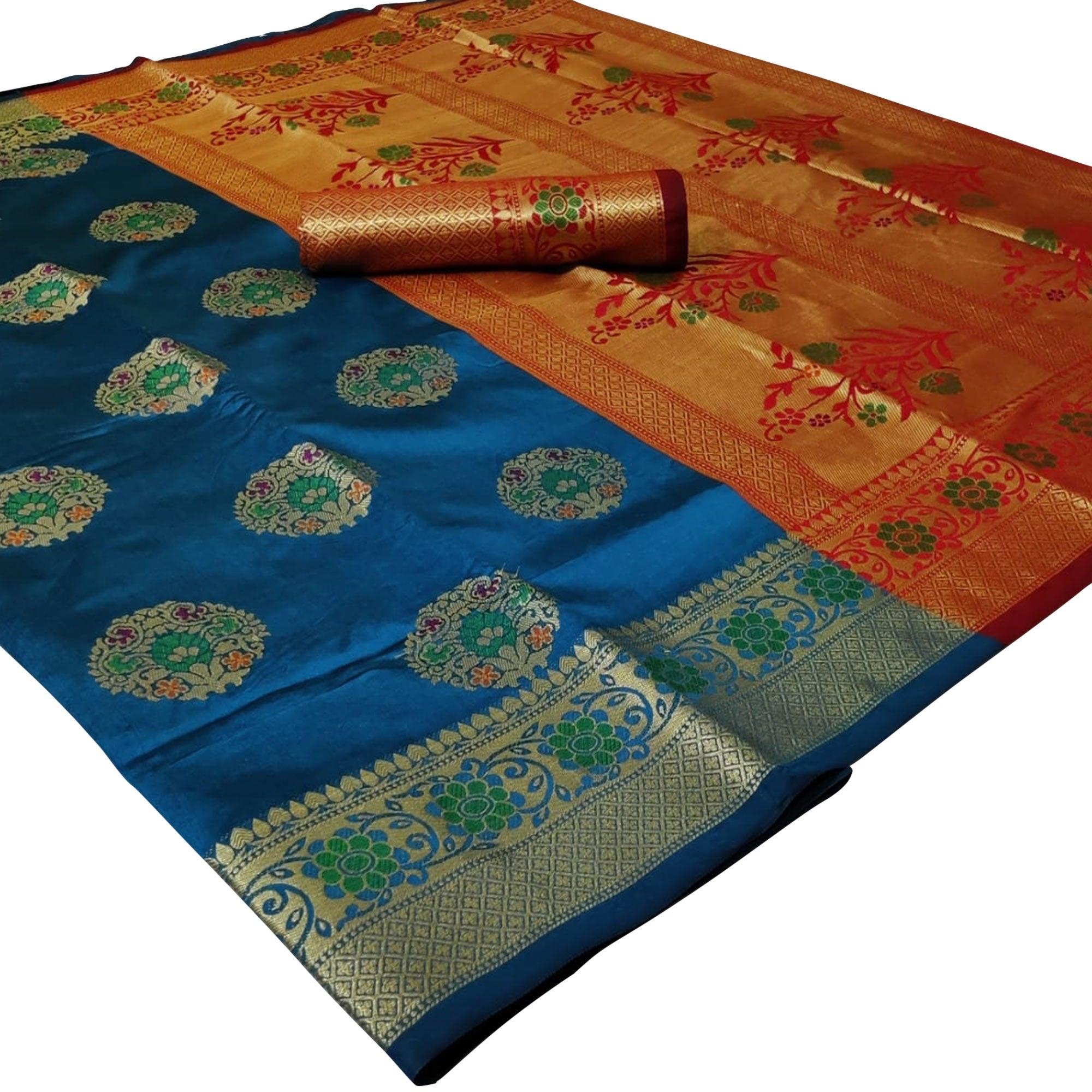 Gleaming Dark Sky Blue Colored Festive Wear Woven Silk Saree - Peachmode