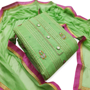 Gleaming Green Colored Casual Wear Embroidered Modal Dress Material - Peachmode