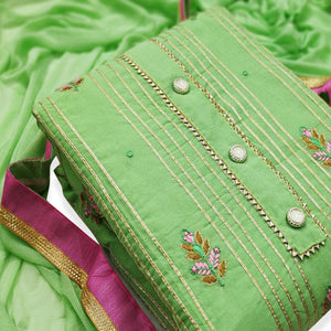 Gleaming Green Colored Casual Wear Embroidered Modal Dress Material - Peachmode