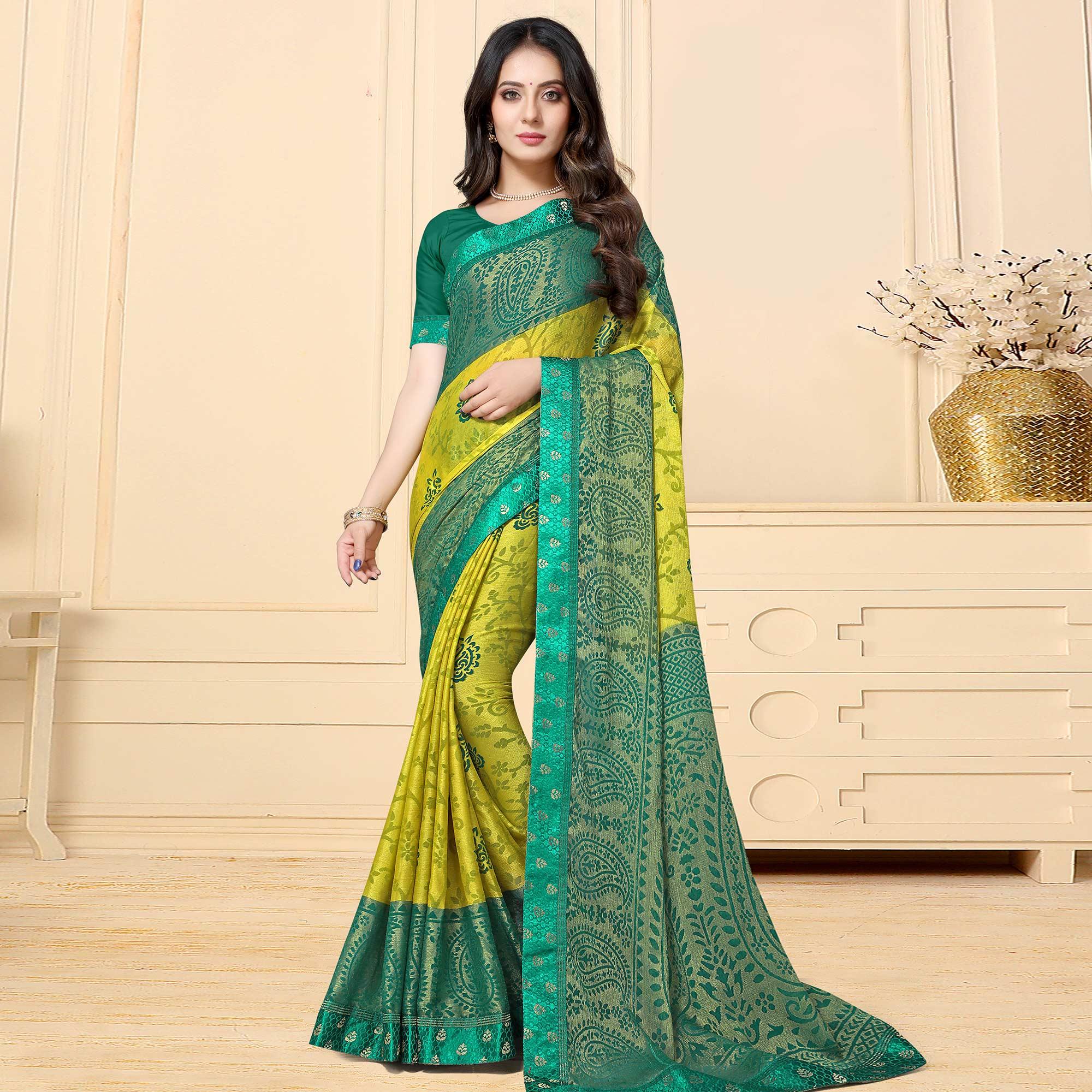 Gleaming Green Colored Festive Wear Printed Chiffon Brasso Saree - Peachmode