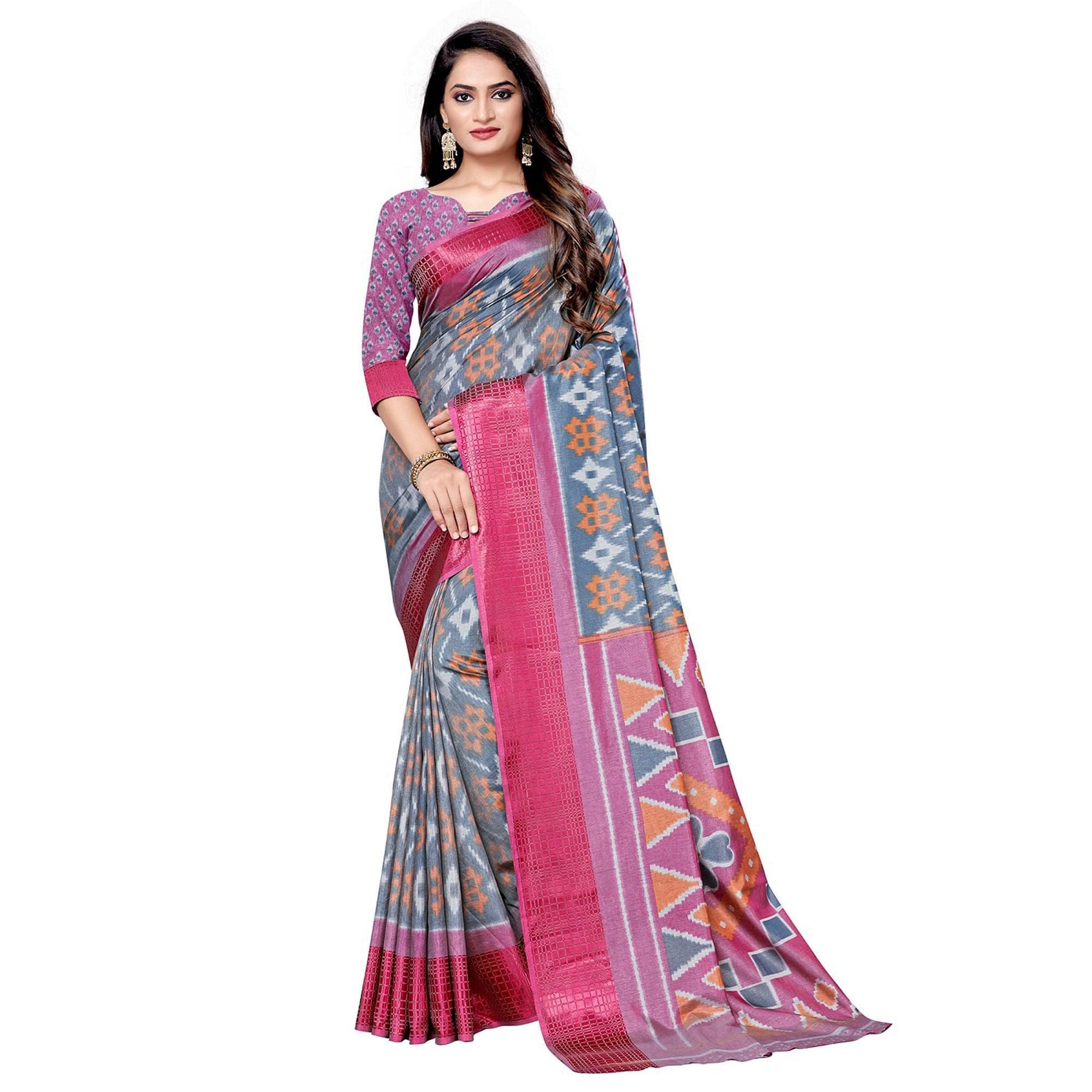 Gleaming Grey Colored Casual Wear Printed Art Silk Saree - Peachmode