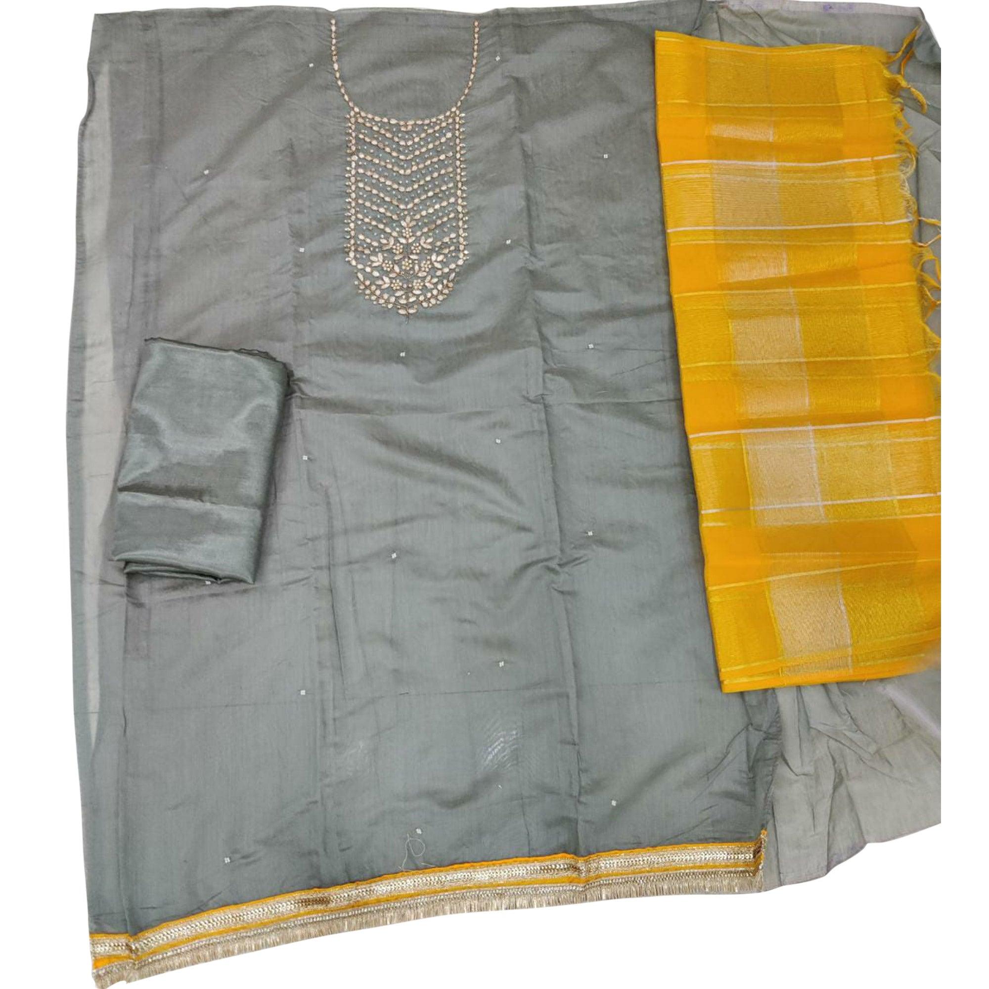 Gleaming Grey Colored Festive Wear Handwork Modal Chanderi Dress Material - Peachmode