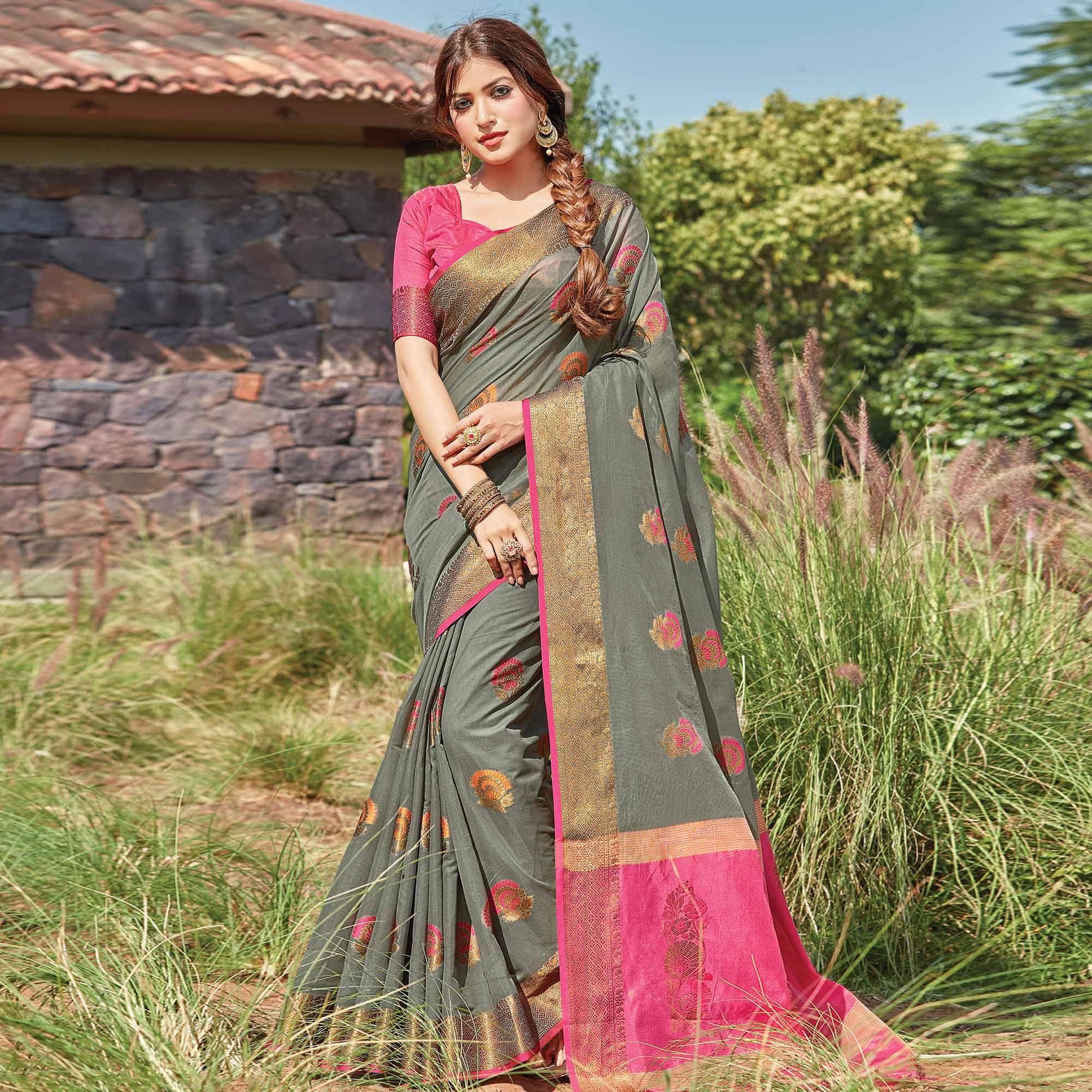 Gleaming Grey Colored Festive Wear Woven Cotton Handloom Saree - Peachmode