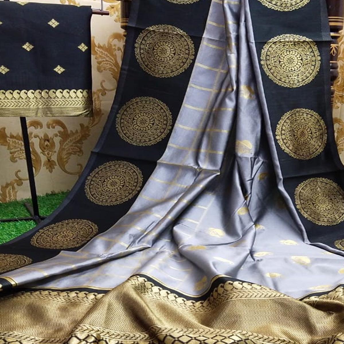Gleaming Grey Colored Festive Wear Woven Soft Lichi Silk Saree - Peachmode