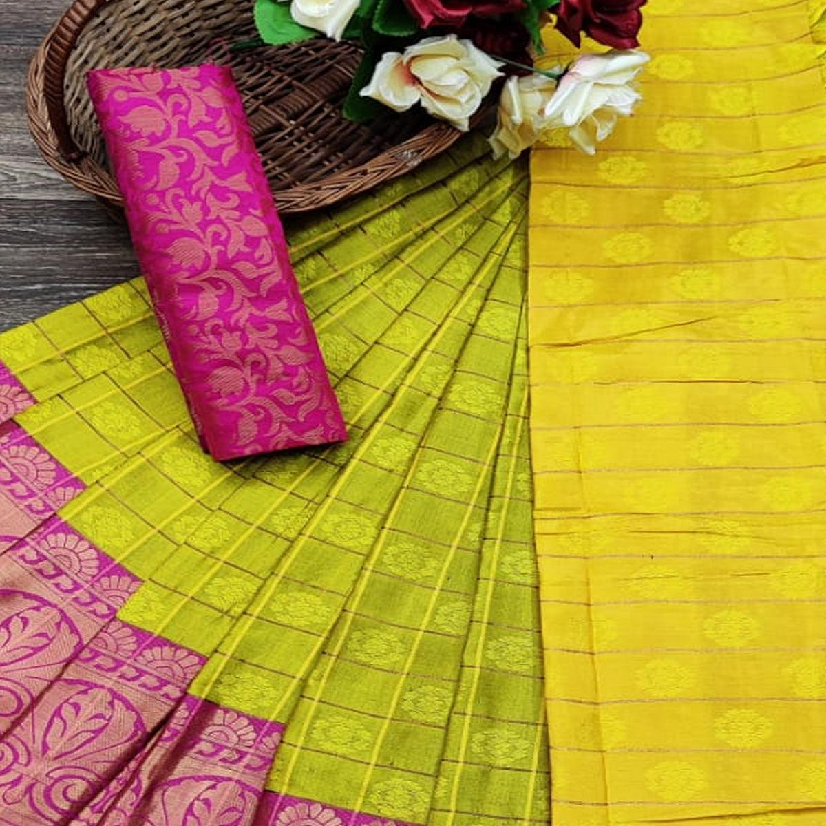 Gleaming Lemon green Colored Festive Wear Woven Cotton Silk Saree - Peachmode