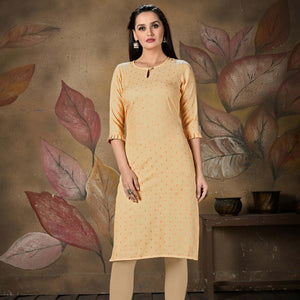Gleaming Light Peach Colored Casual Embroidered Cotton Kurti - Peachmode