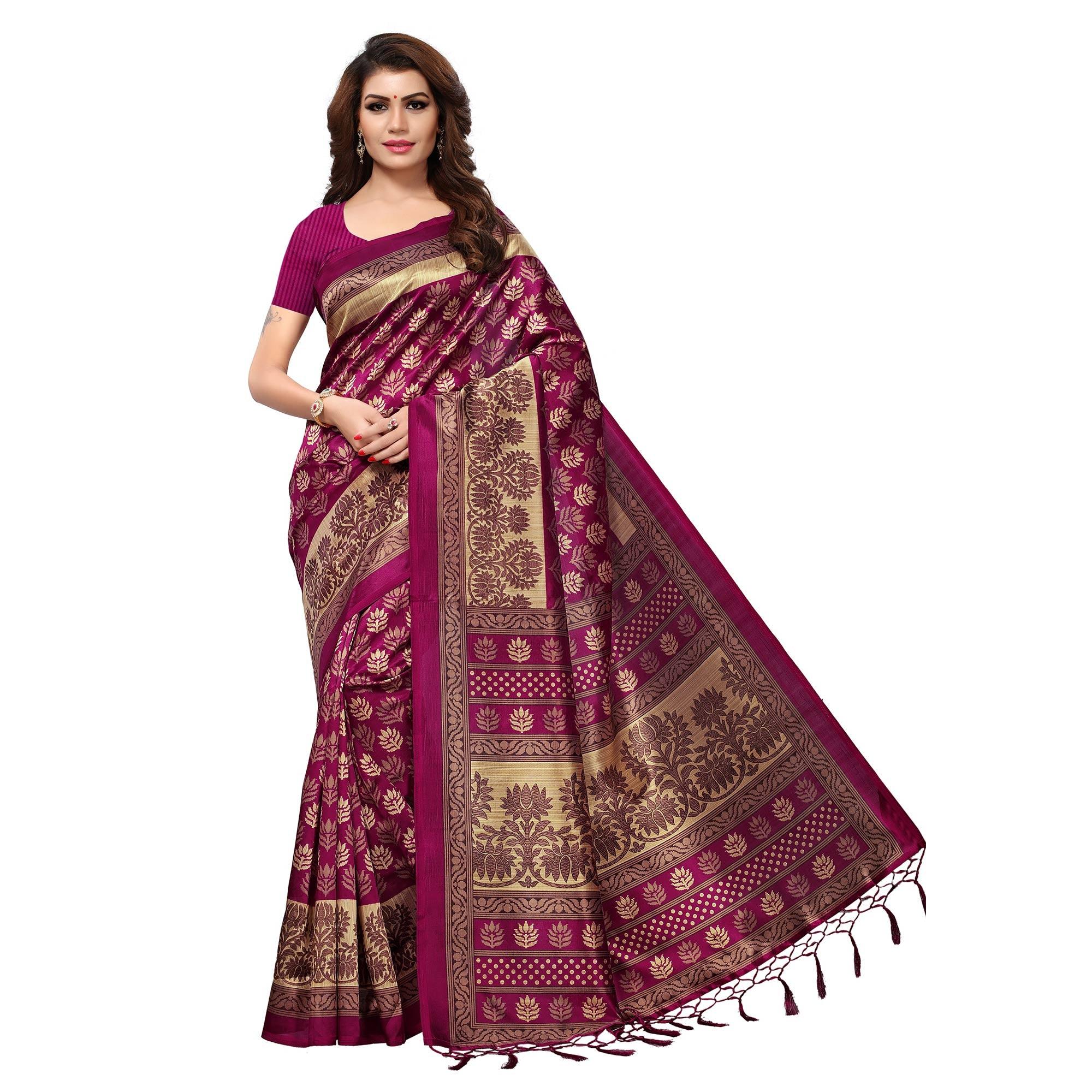 Gleaming Magenta Pink Colored Casual Printed Mysore Art Silk Saree - Peachmode