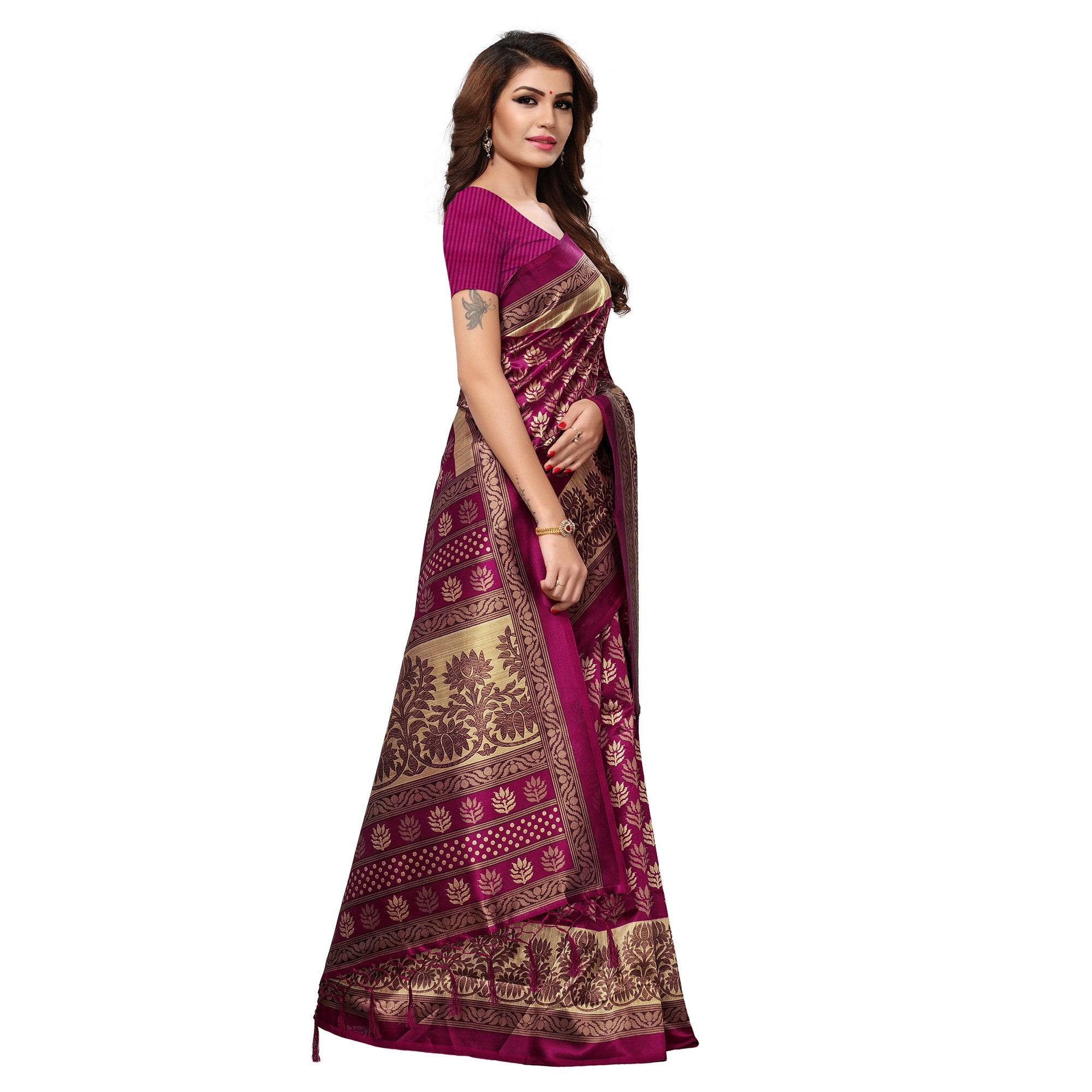 Gleaming Magenta Pink Colored Casual Printed Mysore Art Silk Saree - Peachmode