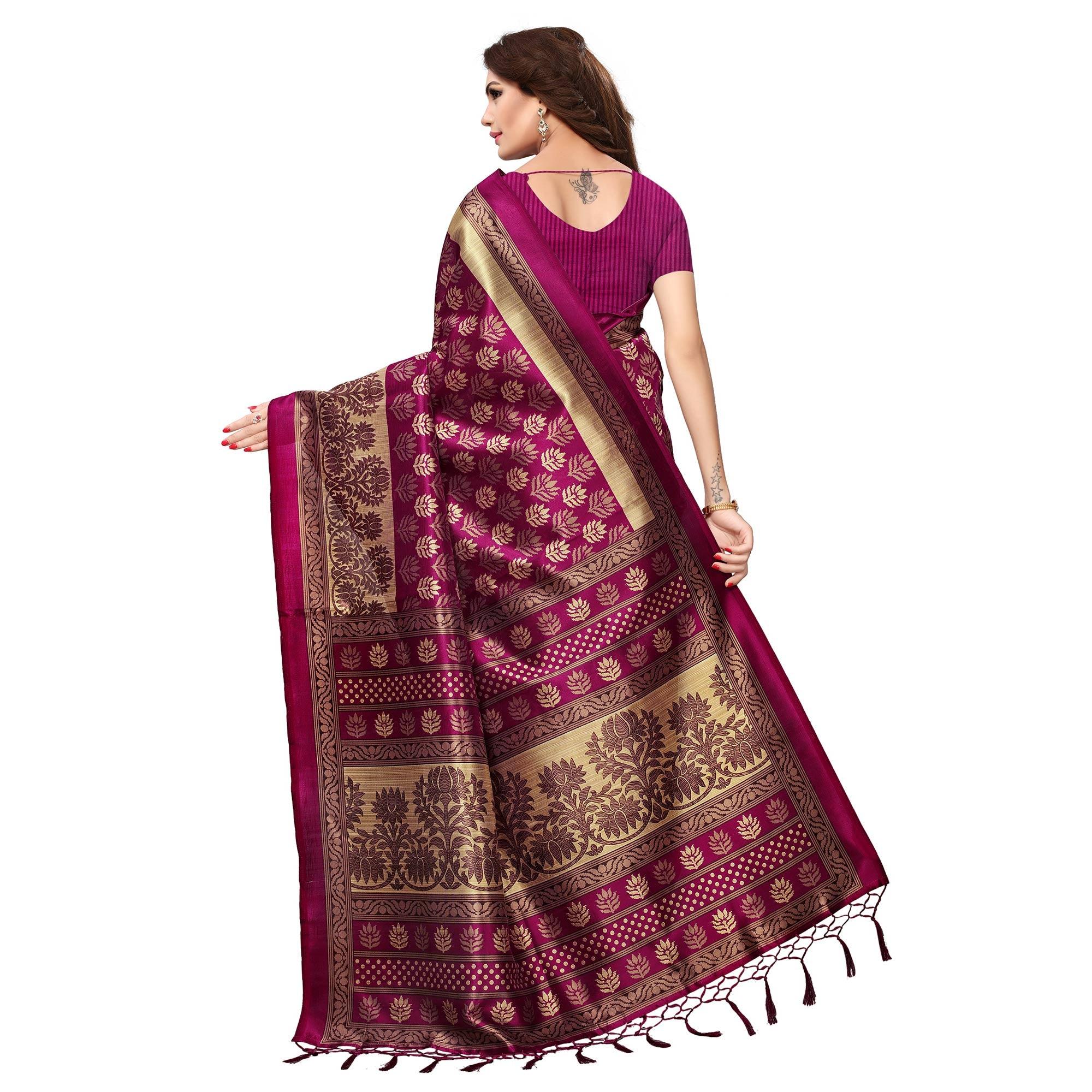 Gleaming Magenta Pink Colored Casual Printed Mysore Art Silk Saree - Peachmode