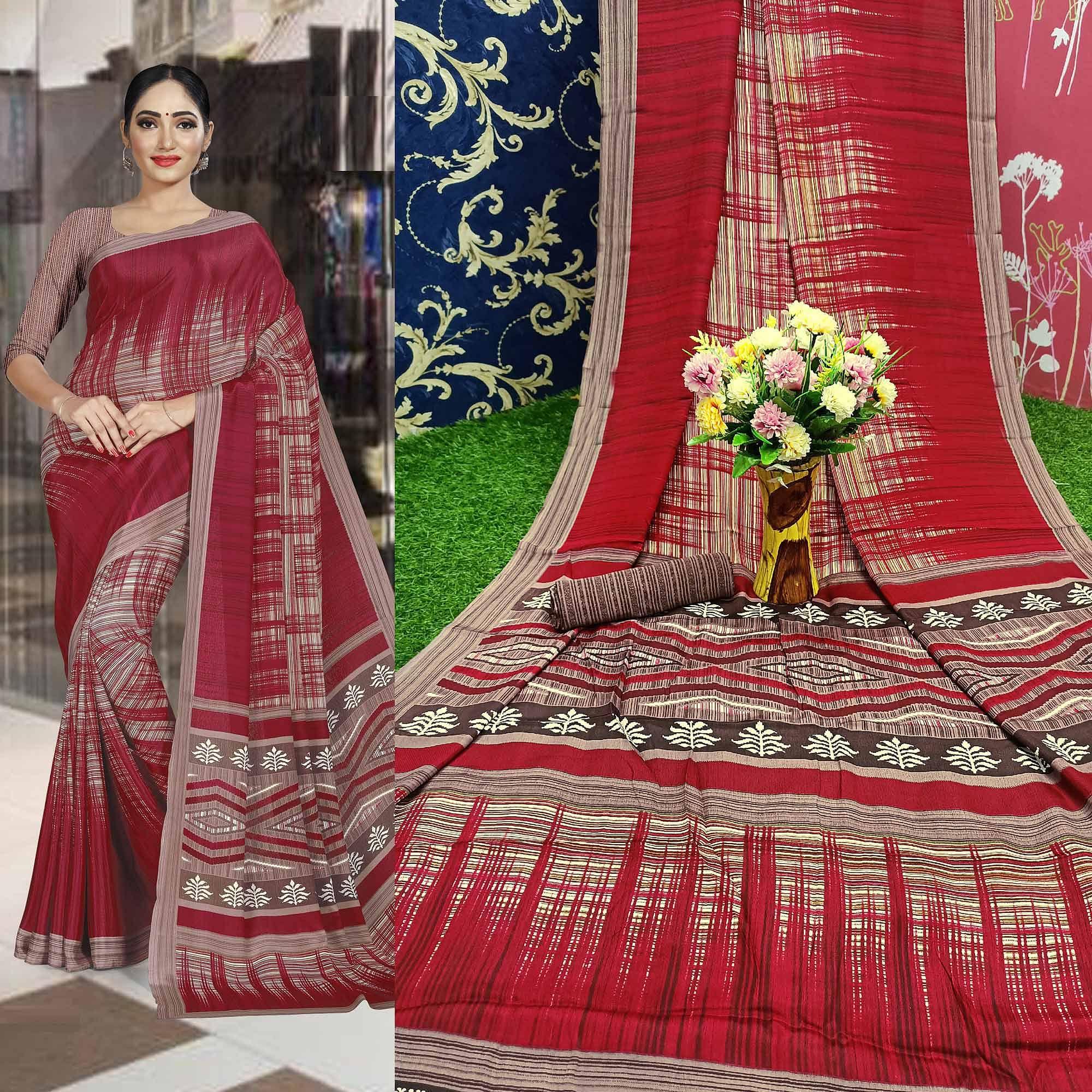 Gleaming Maroon Colored Casual Wear Printed Crepe Saree - Peachmode