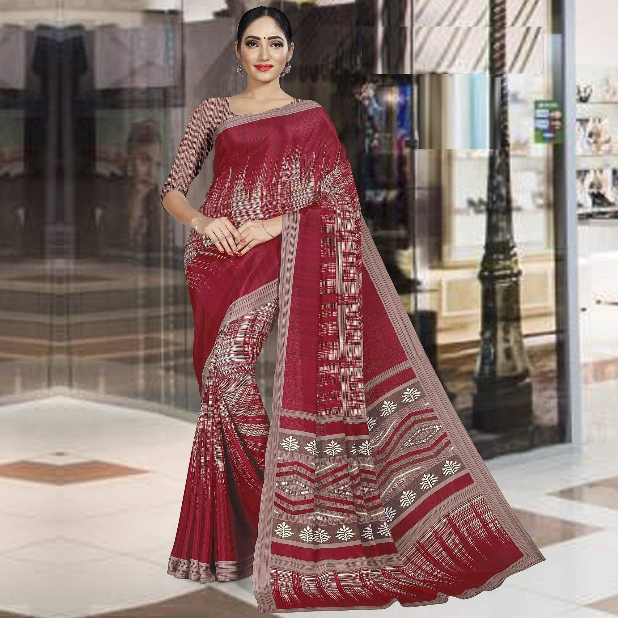 Gleaming Maroon Colored Casual Wear Printed Crepe Saree - Peachmode