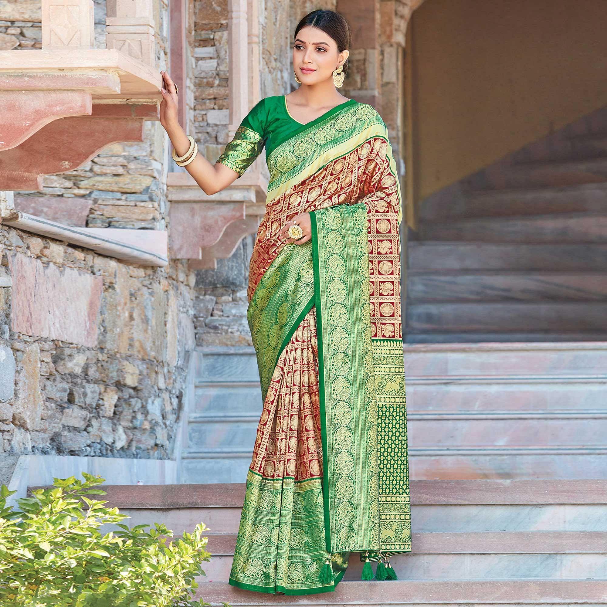 Gleaming Maroon Colored Festive Wear Woven Silk Sareee - Peachmode