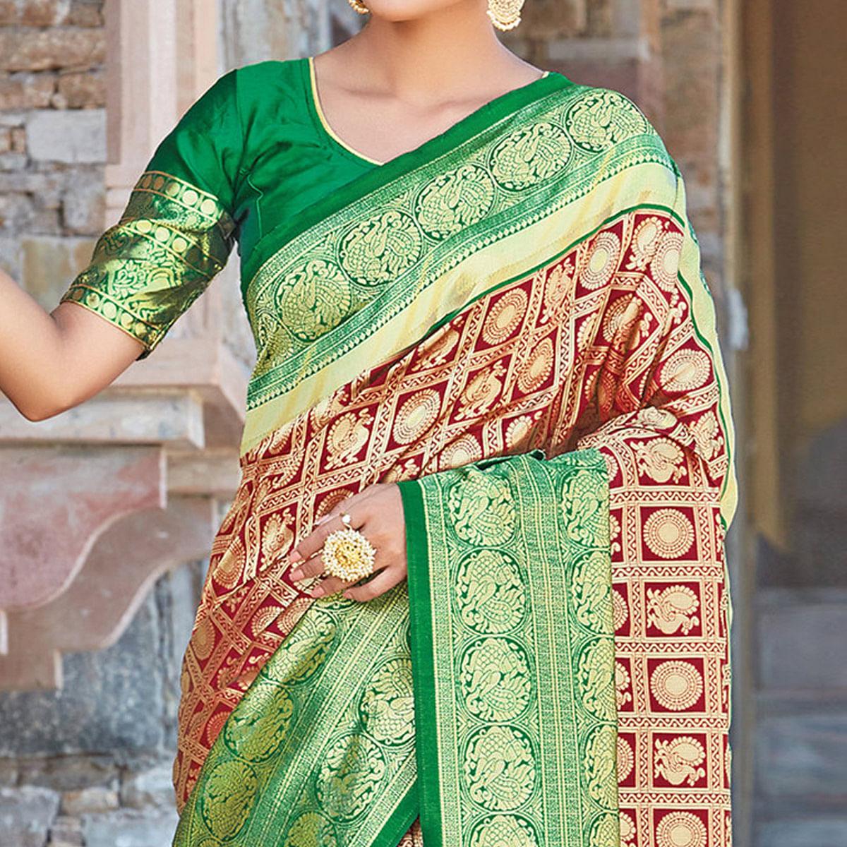 Gleaming Maroon Colored Festive Wear Woven Silk Sareee - Peachmode