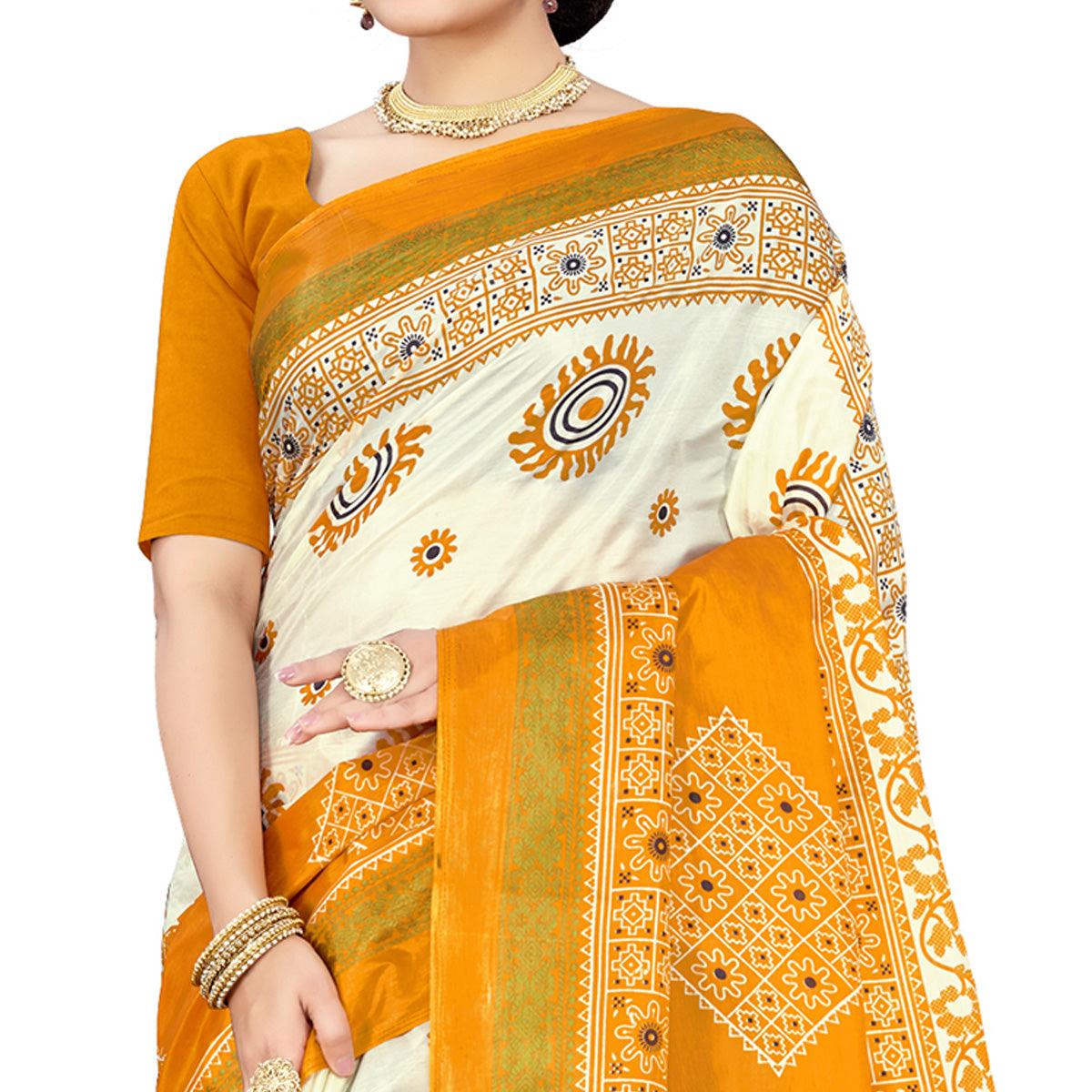 Gleaming Mustard Colored Casual Wear Printed Cotton Silk Saree - Peachmode