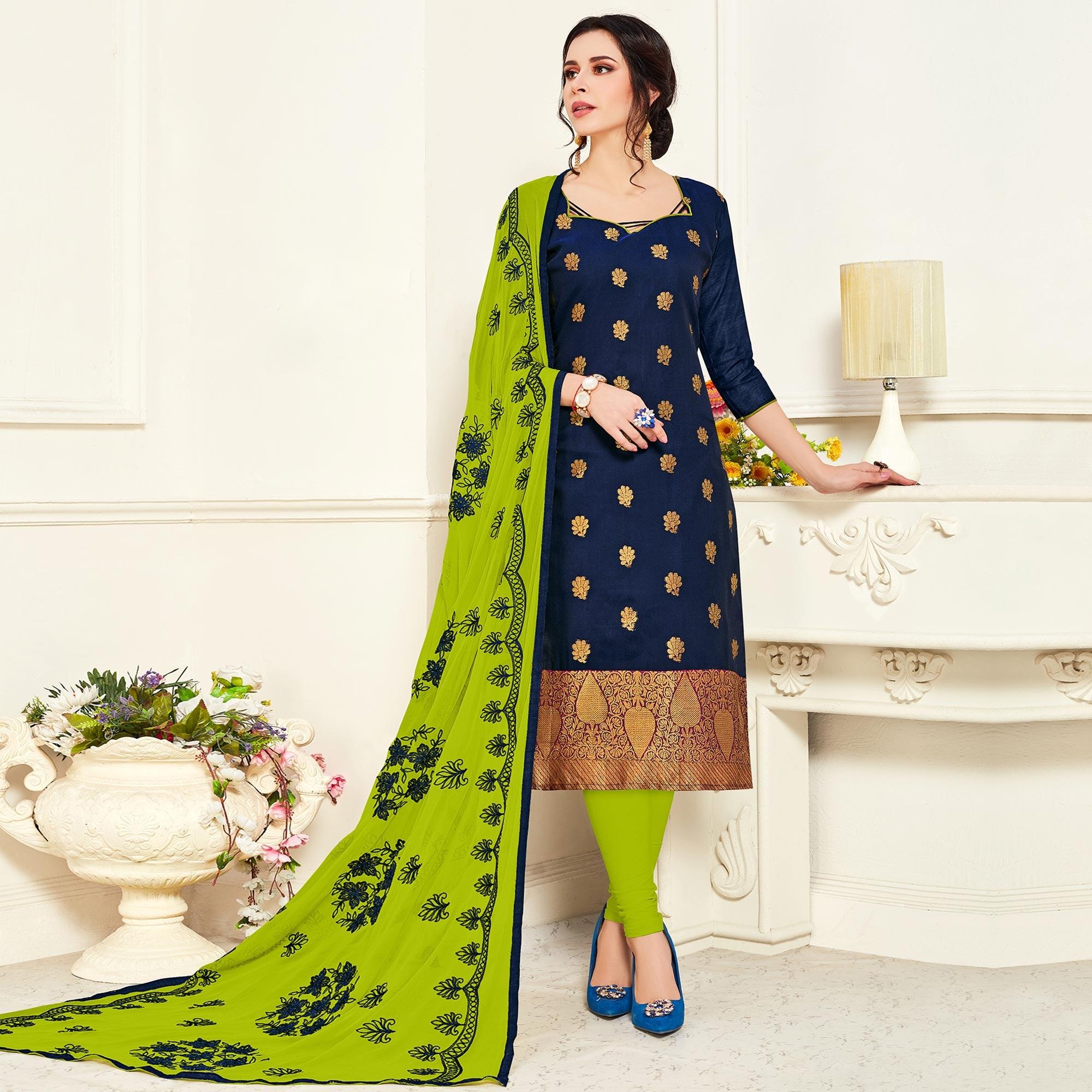 Gleaming Navy Blue Colored Casual Wear Woven Banarasi Silk Dress Material - Peachmode