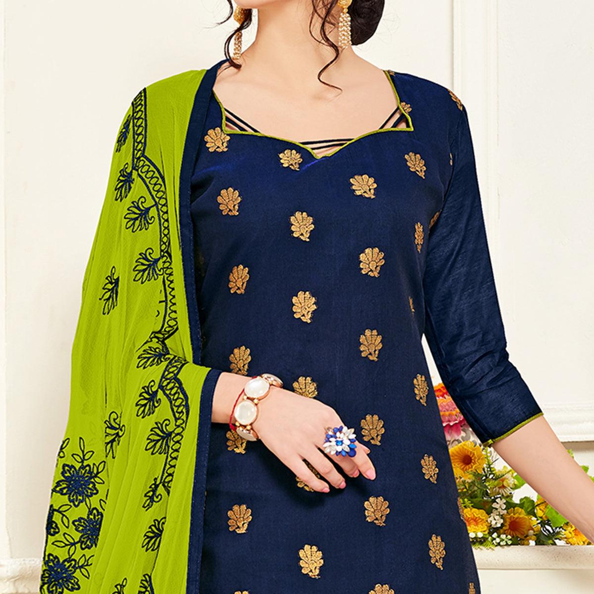 Gleaming Navy Blue Colored Casual Wear Woven Banarasi Silk Dress Material - Peachmode