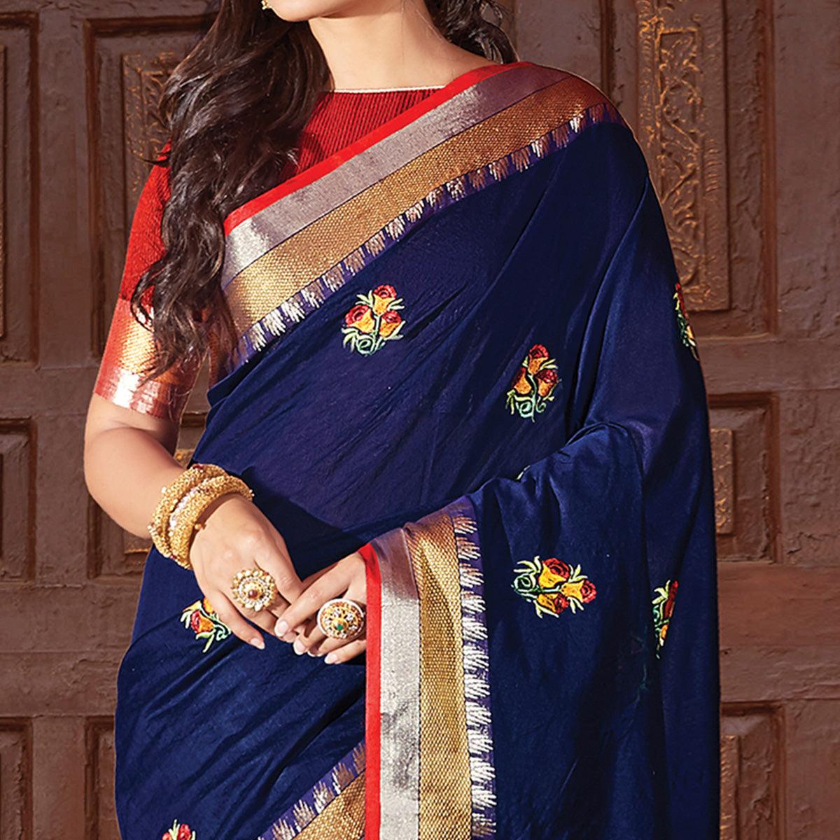 Gleaming Navy Blue Colored Festive Wear Woven Cotton Silk Saree - Peachmode