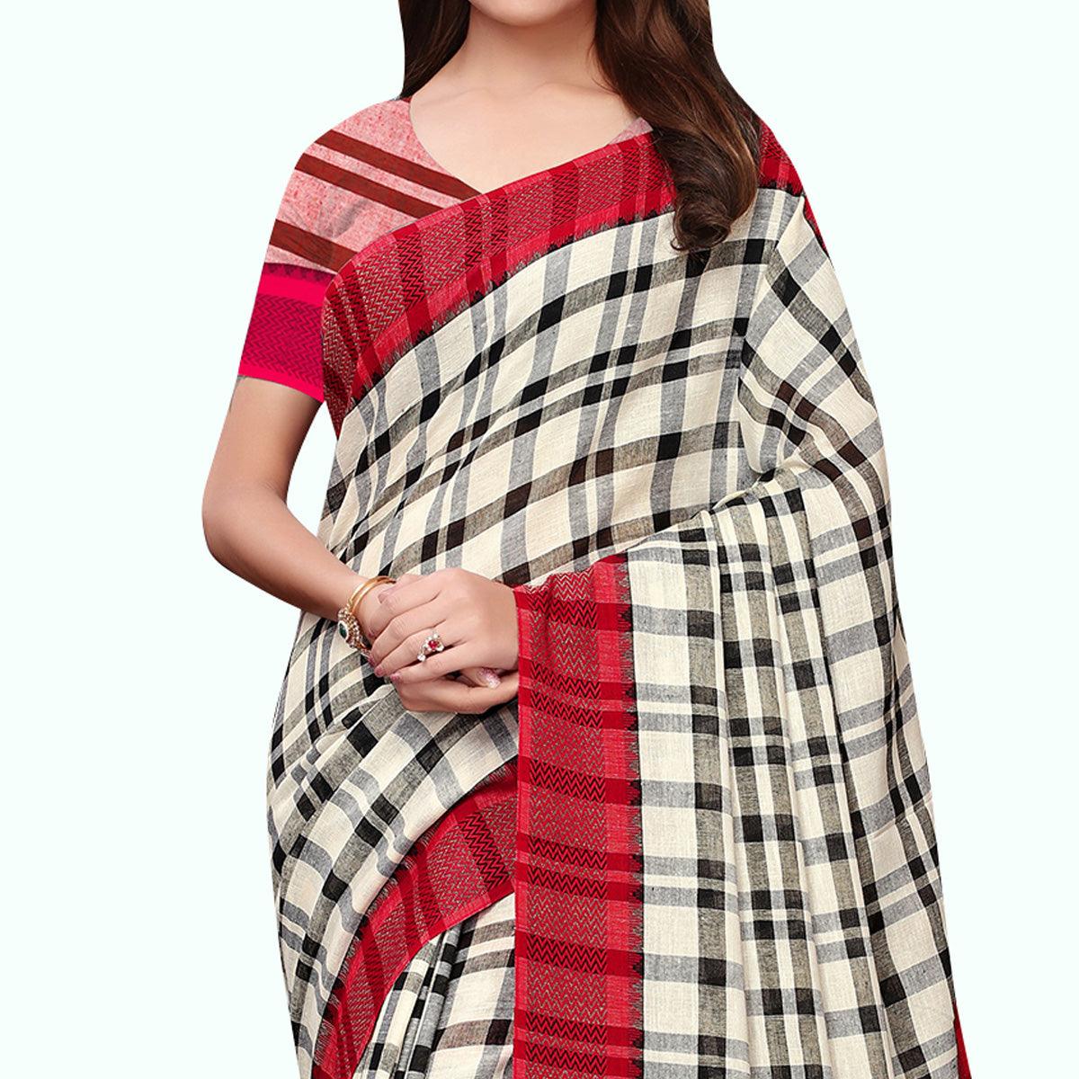 Gleaming Off White - Red Colored Festive Wear Linen Saree - Peachmode
