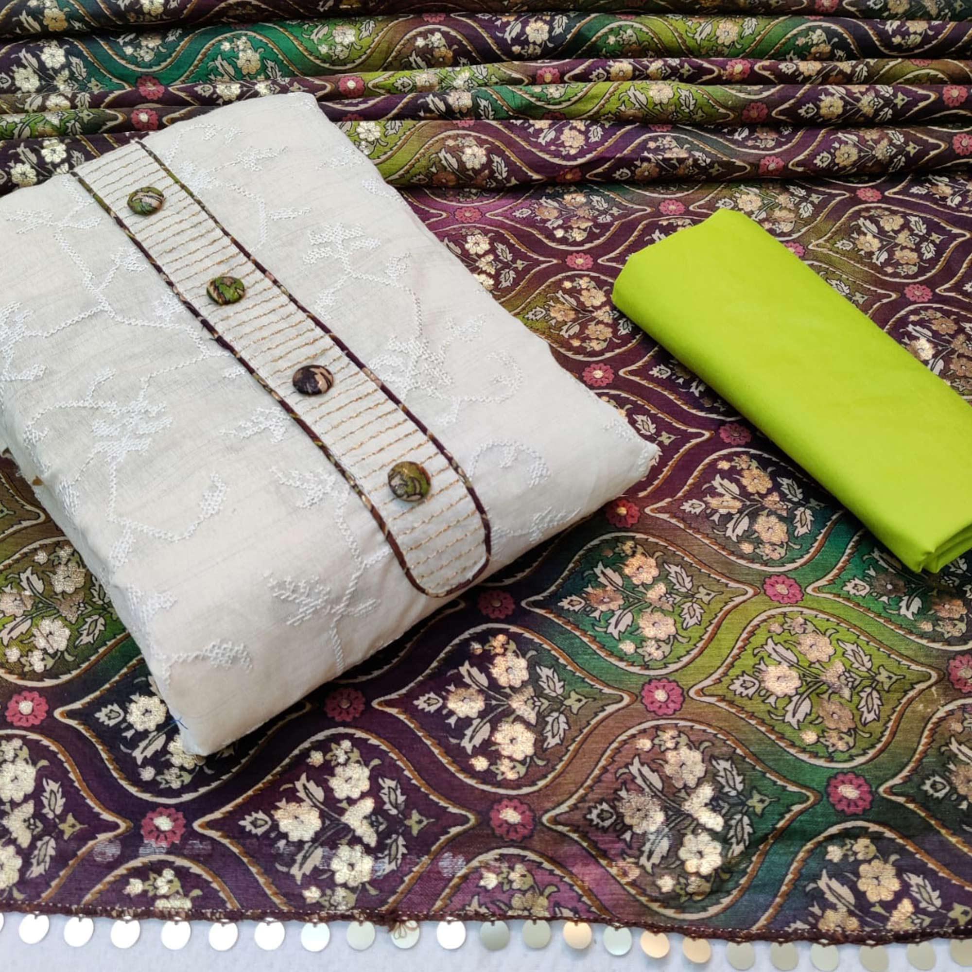 Gleaming Offwhite - Green Colored Casual Wear Embroidered Cotton Dress Material - Peachmode