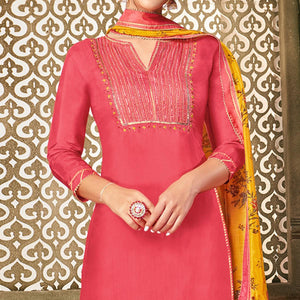 Gleaming Peach Colored Casual Wear Embroidered Chanderi Dress Material - Peachmode