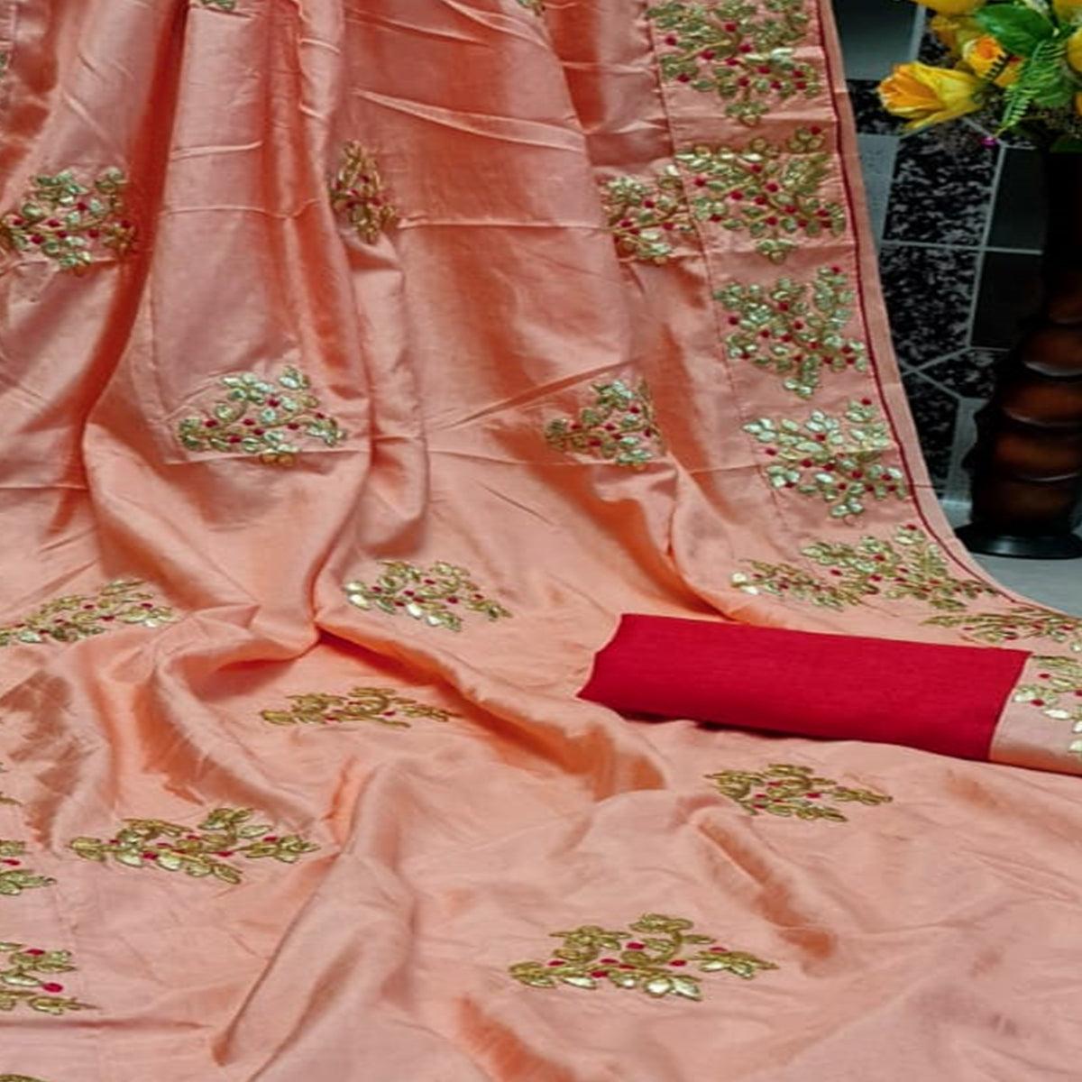 Gleaming Peach Colored Festive Wear Butta Work Dola Silk Saree - Peachmode