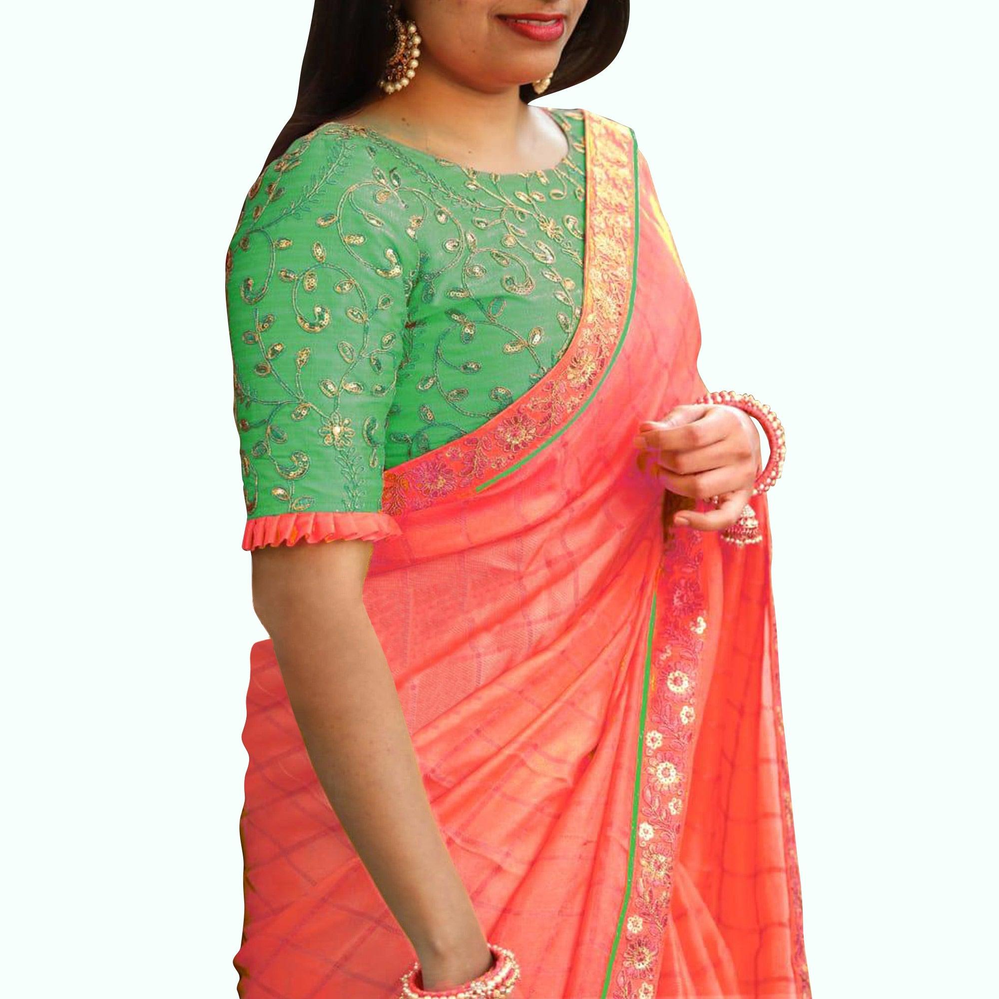 Gleaming Peach Colored Festive Wear Embroidered Cotton Saree - Peachmode