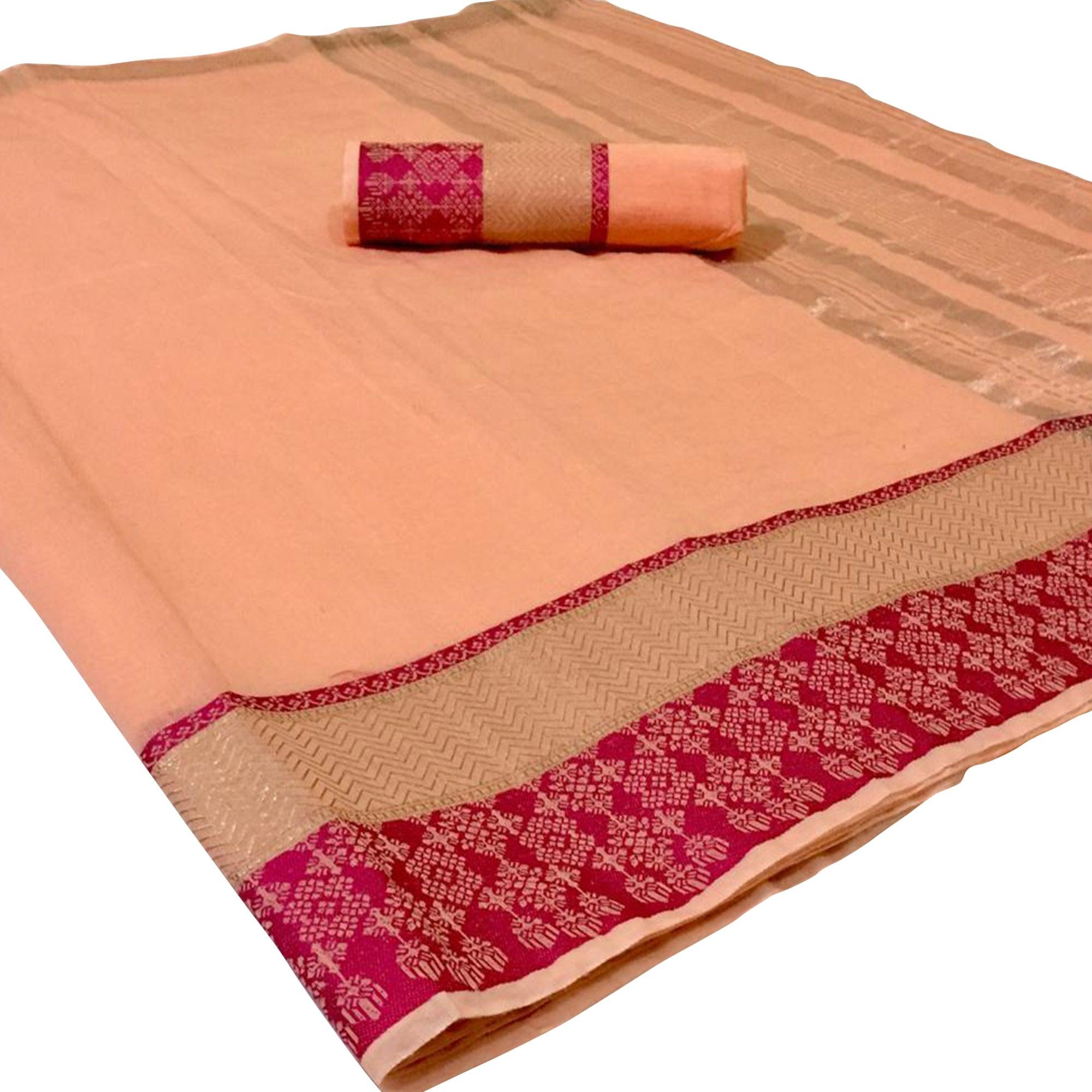Gleaming Peach Colored Festive Wear Woven Linen Saree - Peachmode