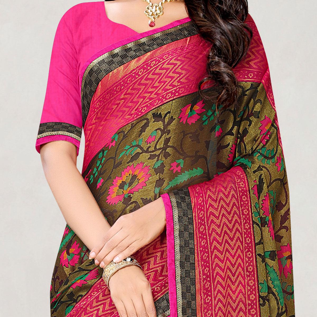 Gleaming Peach Coloured Partywear Printed Chiffon Brasso Saree - Peachmode