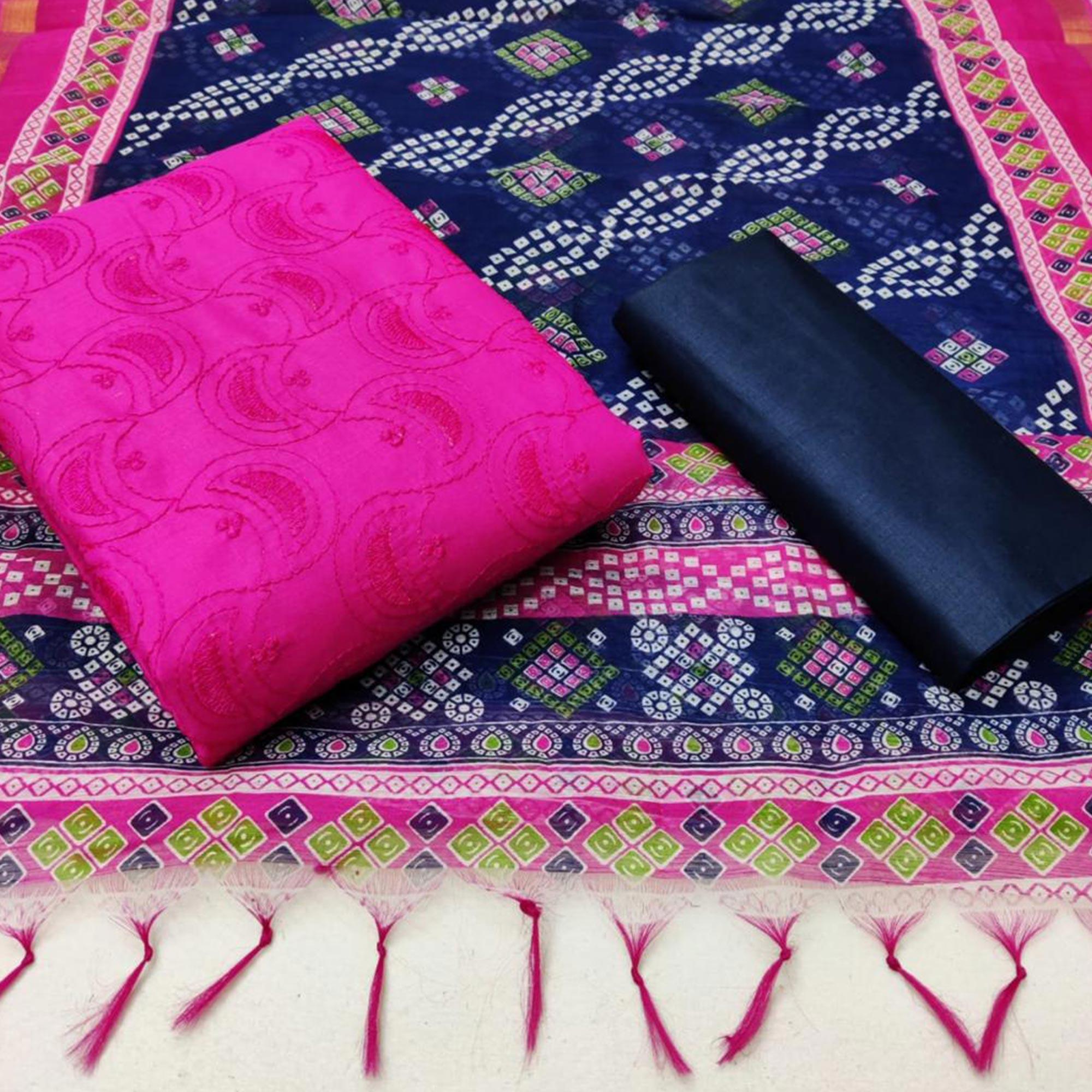 Gleaming Pink Colored Casual Wear Embroidered Cotton Dress Material - Peachmode