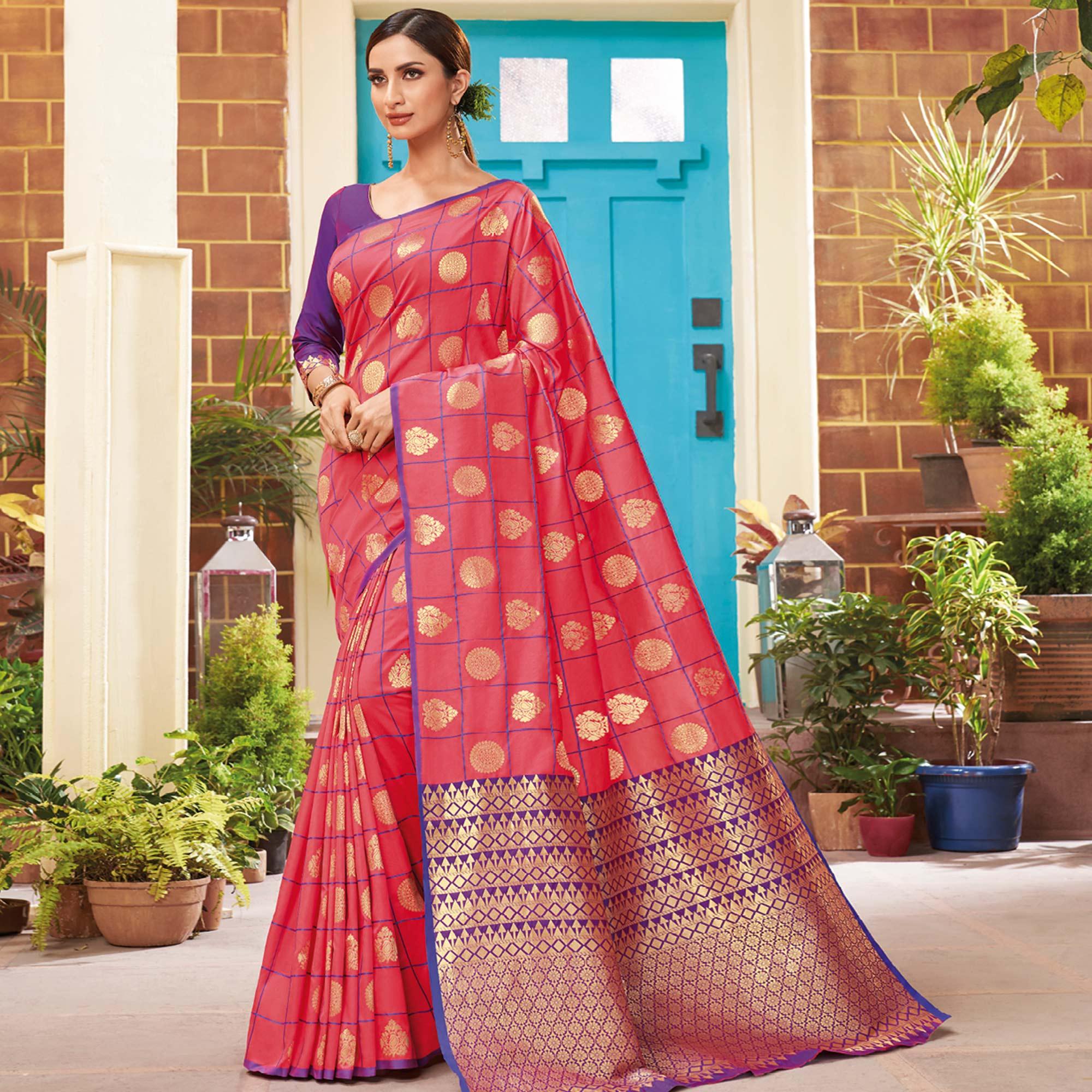 Gleaming Pink Colored Festive Wear Woven Silk Saree - Peachmode