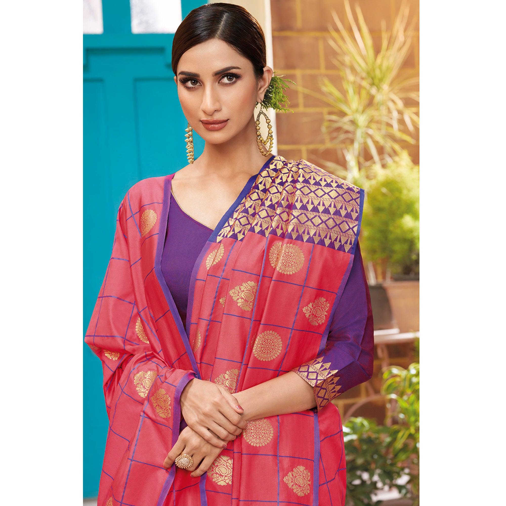Gleaming Pink Colored Festive Wear Woven Silk Saree - Peachmode