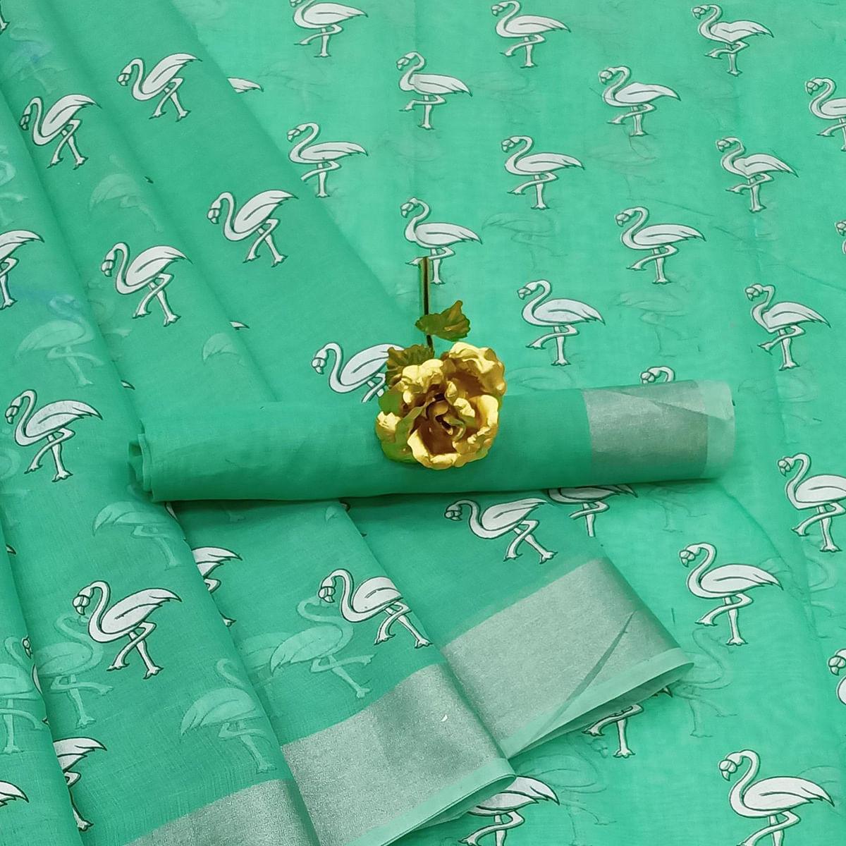 Gleaming Rama Colored Casual Wear Printed Cotton Linen Saree - Peachmode