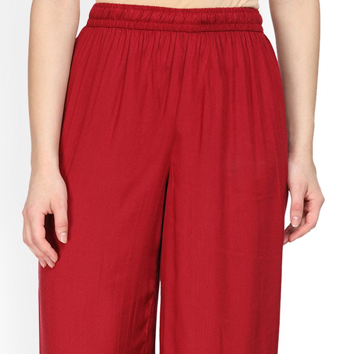 Gleaming Red Colored Casual Wear Rayon Palazzo - Peachmode