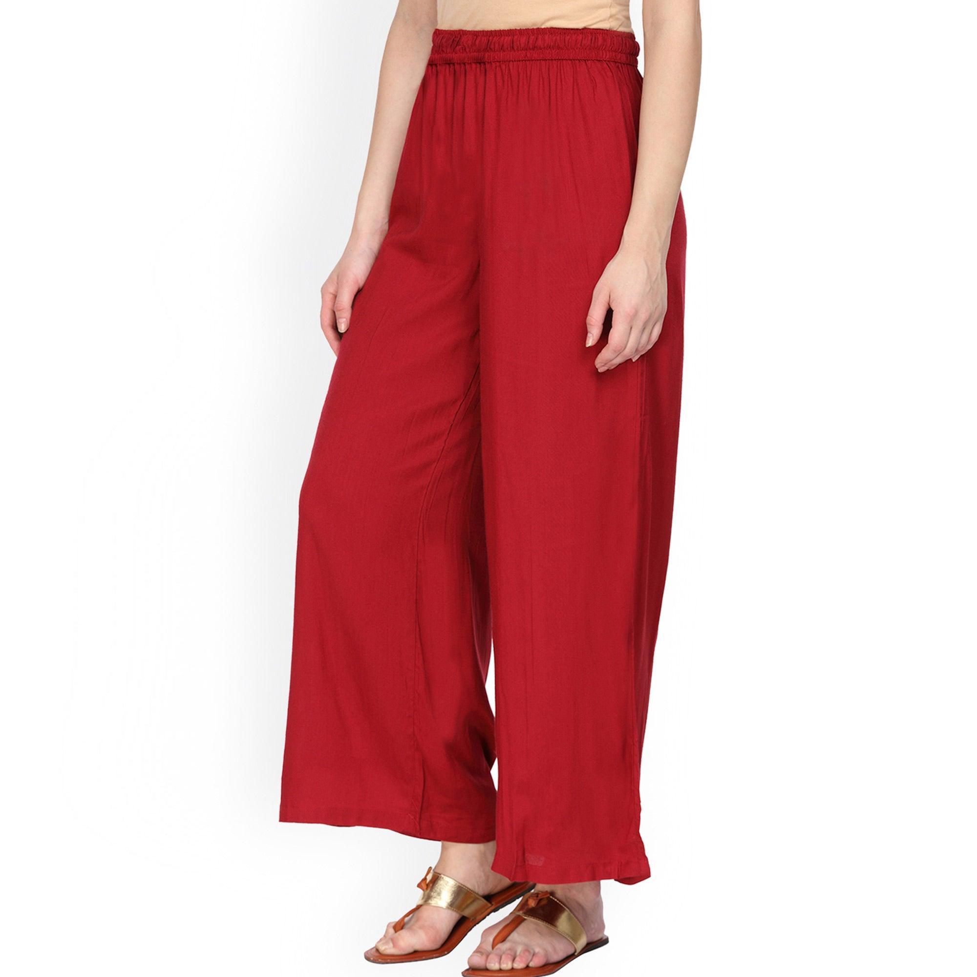 Gleaming Red Colored Casual Wear Rayon Palazzo - Peachmode