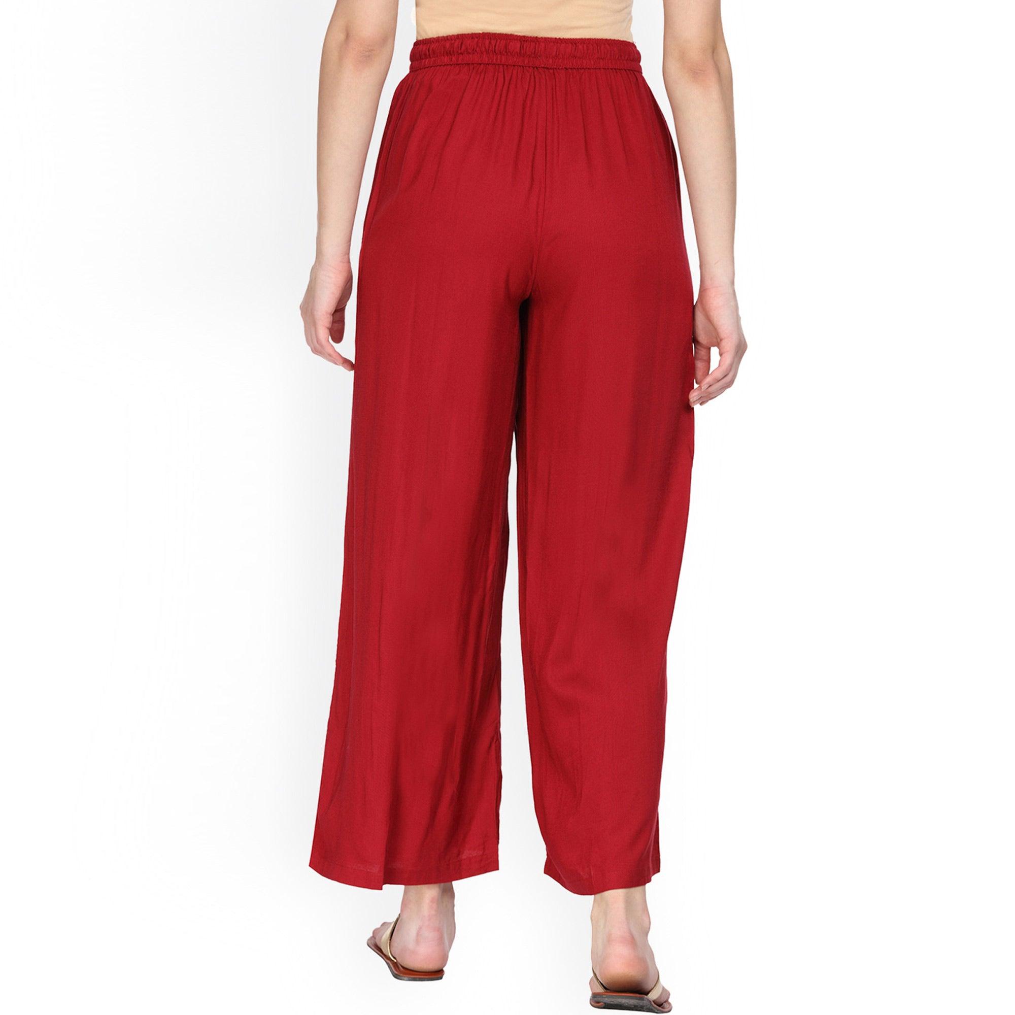 Gleaming Red Colored Casual Wear Rayon Palazzo - Peachmode