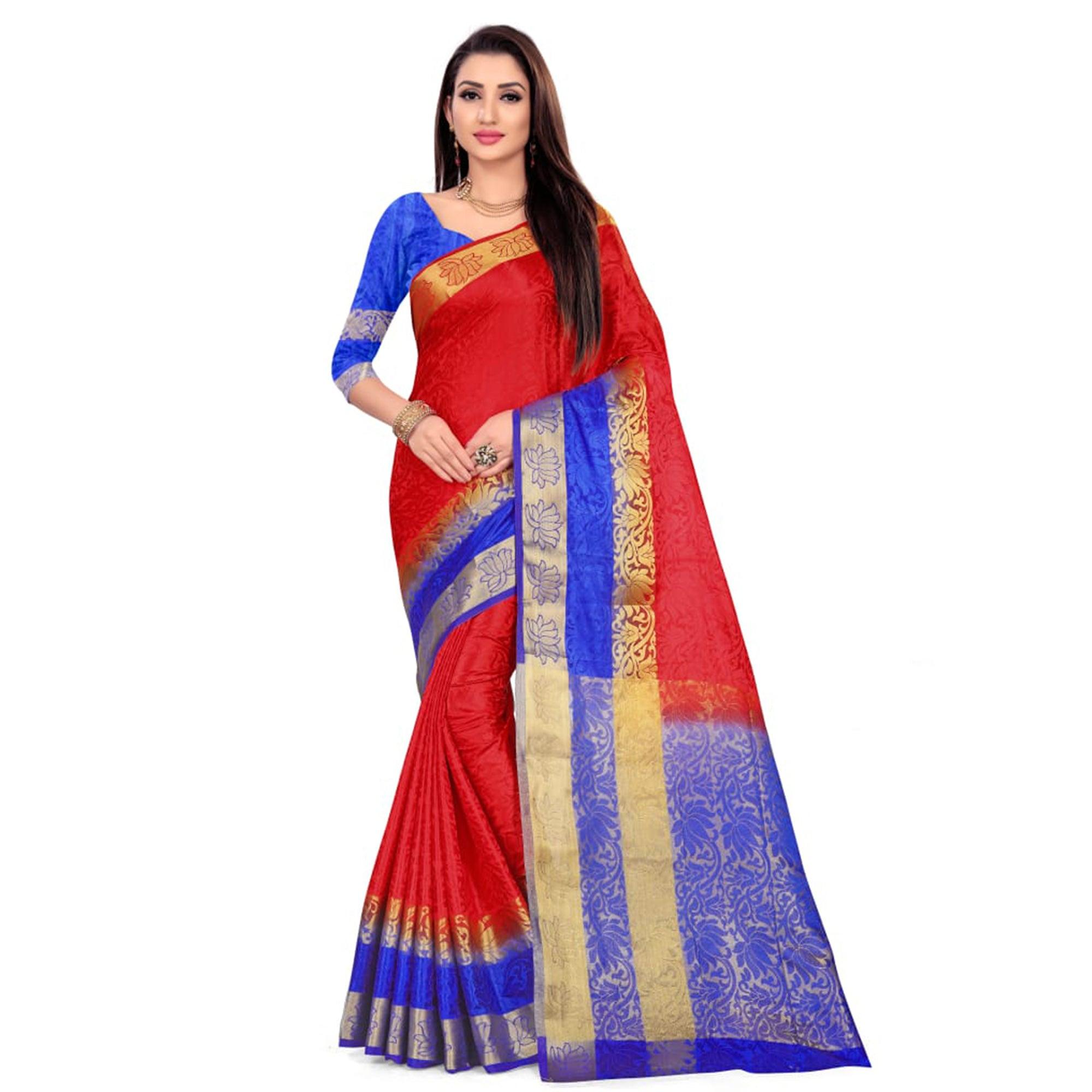 Gleaming Red Colored Festive Wear Woven Art Silk Saree - Peachmode