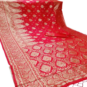 Gleaming Red Colored Festive Wear Woven Banarasi Silk Saree - Peachmode