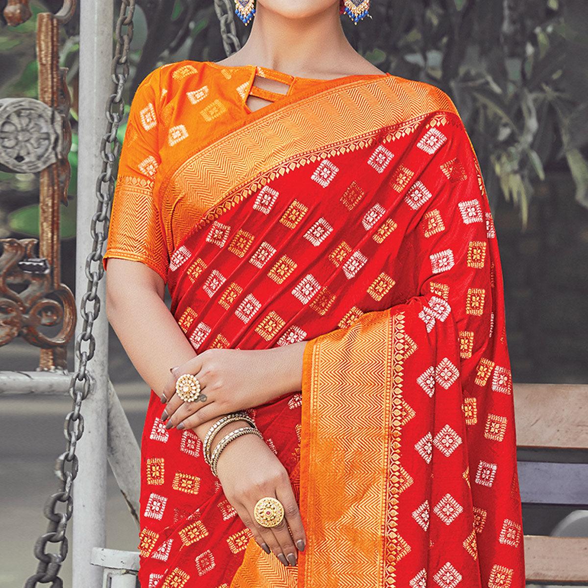 Gleaming Red Colored Festive Wear Woven Silk Saree - Peachmode
