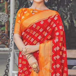 Gleaming Red Colored Festive Wear Woven Silk Saree - Peachmode