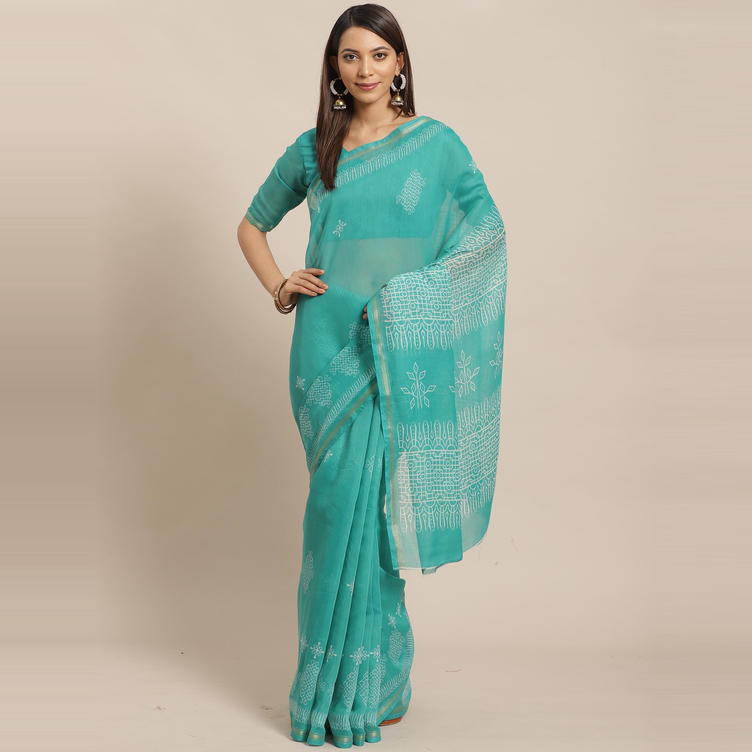 Gleaming Sea Green Colored Casual Wear Printed Silk Blend Saree - Peachmode