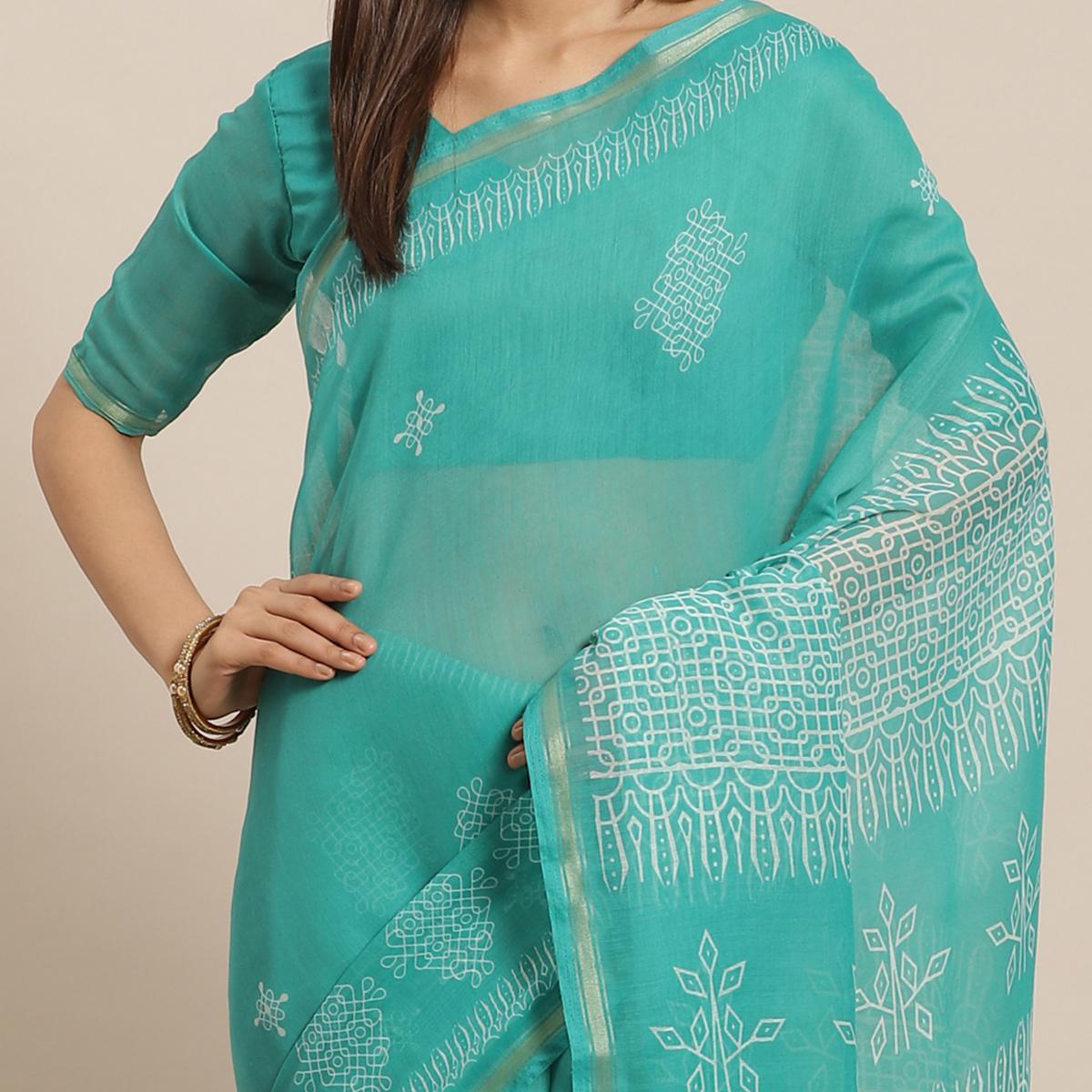 Gleaming Sea Green Colored Casual Wear Printed Silk Blend Saree - Peachmode