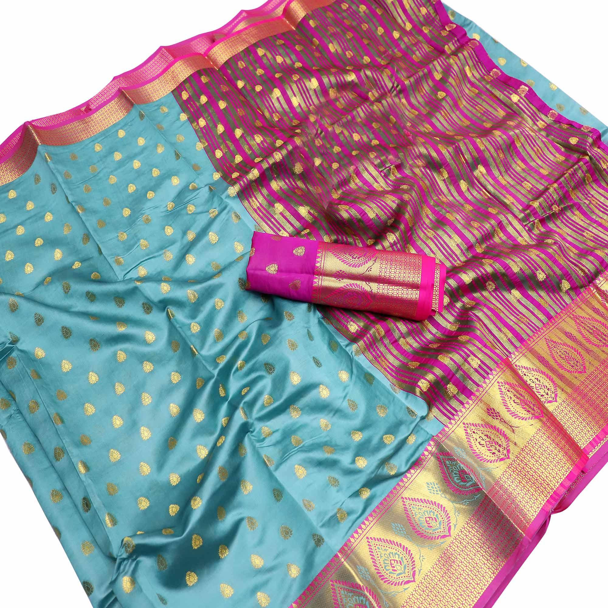 Gleaming Teal Blue Colored Festive Wear Woven Litchi Kota Silk Saree - Peachmode