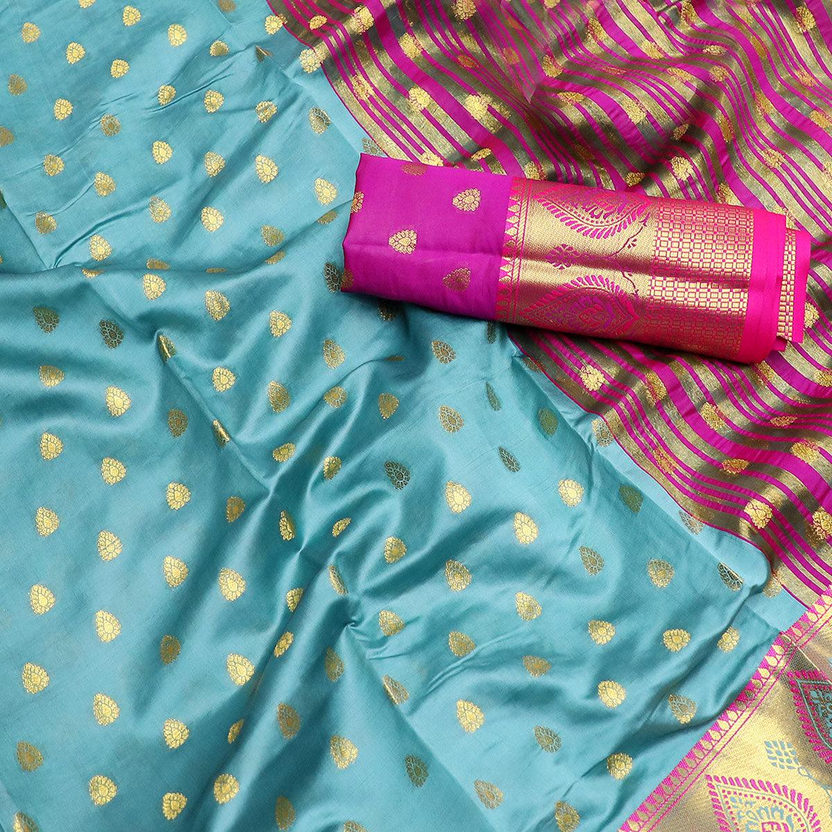 Gleaming Teal Blue Colored Festive Wear Woven Litchi Kota Silk Saree - Peachmode