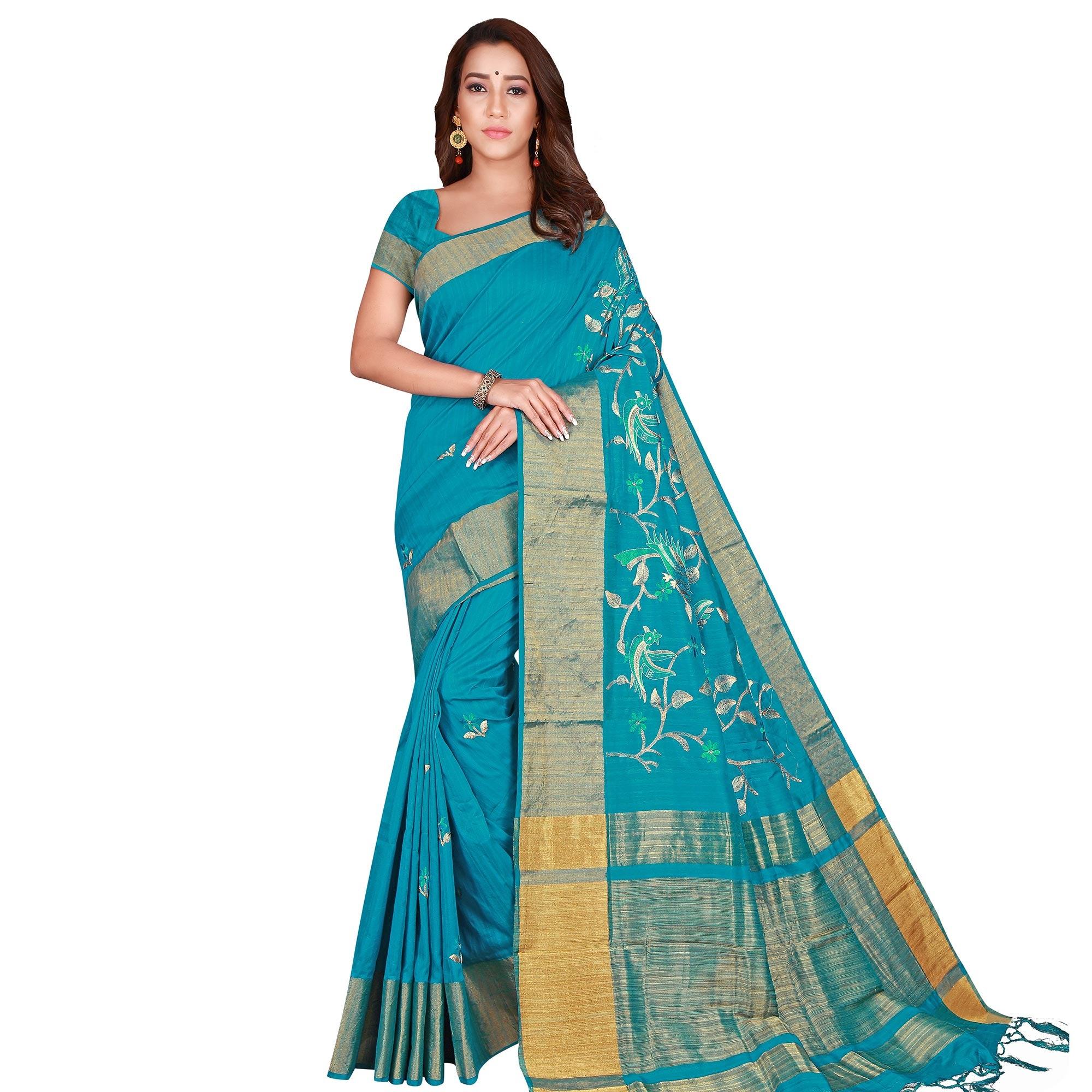 Gleaming Turquoise Blue Colored Festive Wear Woven Silk Saree - Peachmode