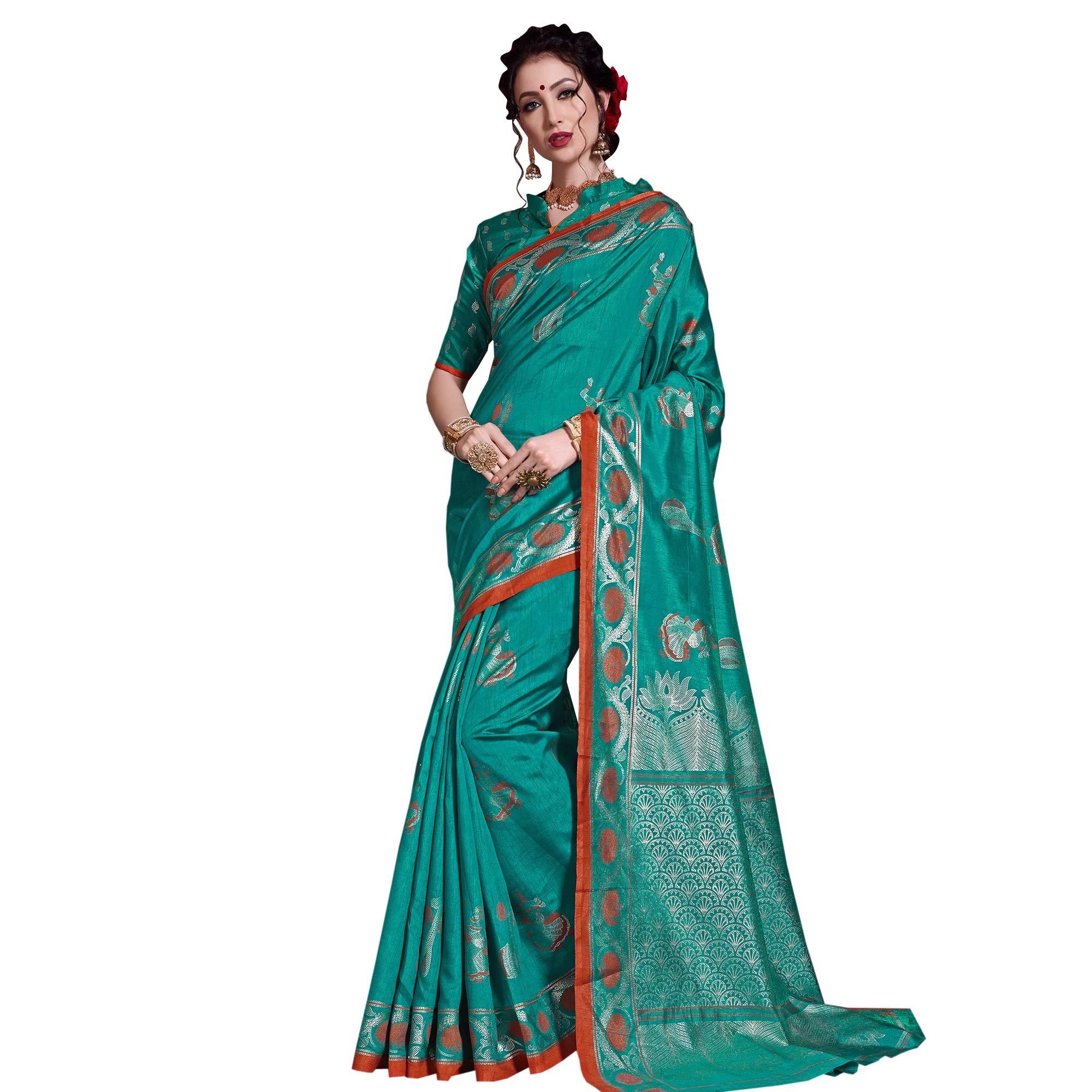 Gleaming Turquoise Green Colored Festive Wear Printed Art Silk Saree - Peachmode