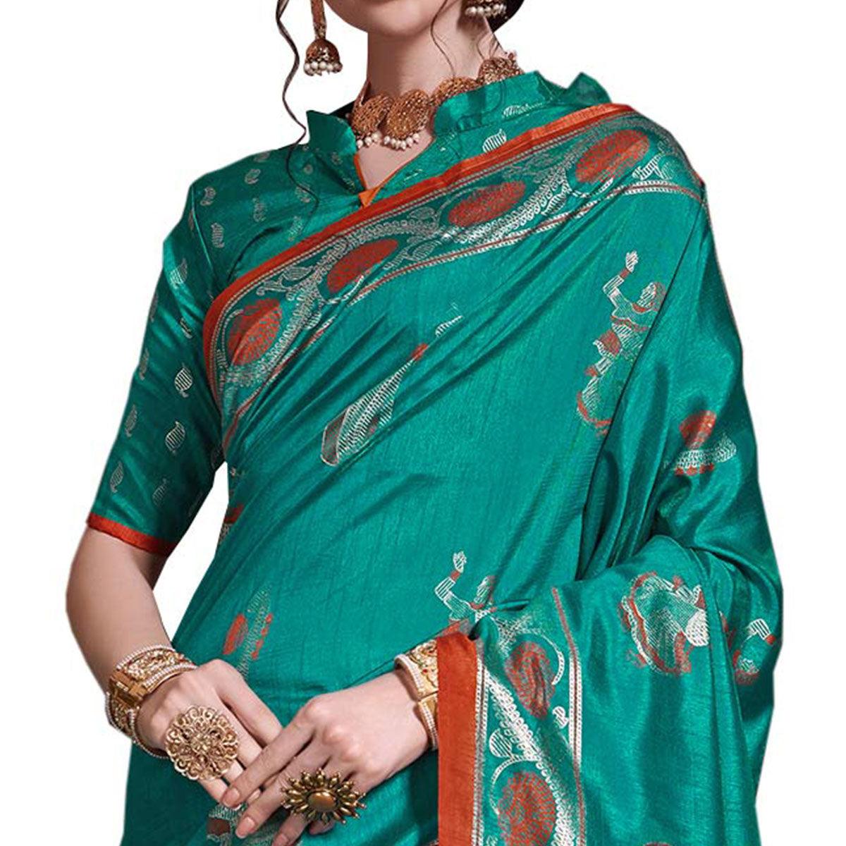Gleaming Turquoise Green Colored Festive Wear Printed Art Silk Saree - Peachmode