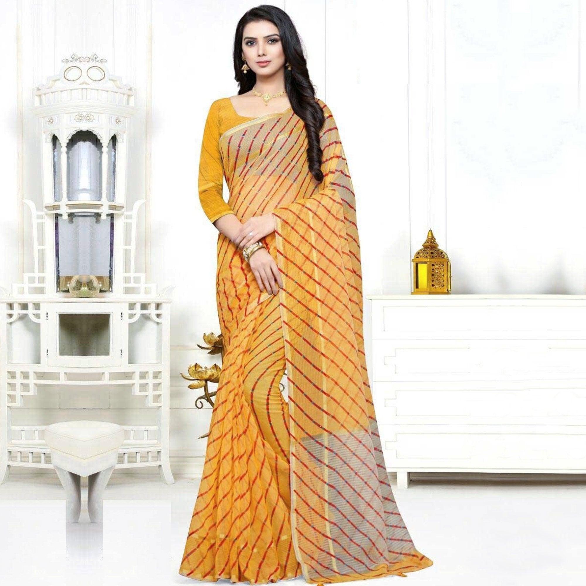 Gleaming Yellow Colored Casual Wear Stripe Printed Kota Doria Cotton Saree With Tassels - Peachmode