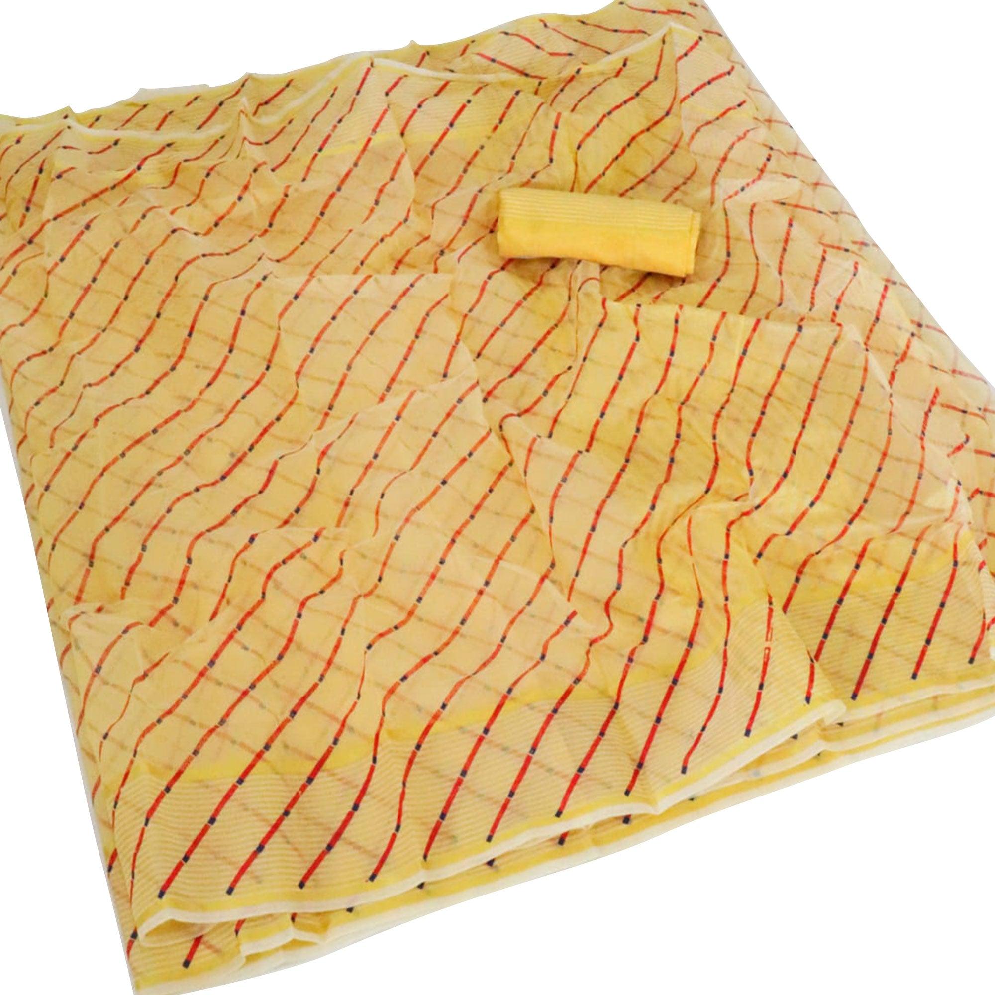Gleaming Yellow Colored Casual Wear Stripe Printed Kota Doria Cotton Saree With Tassels - Peachmode