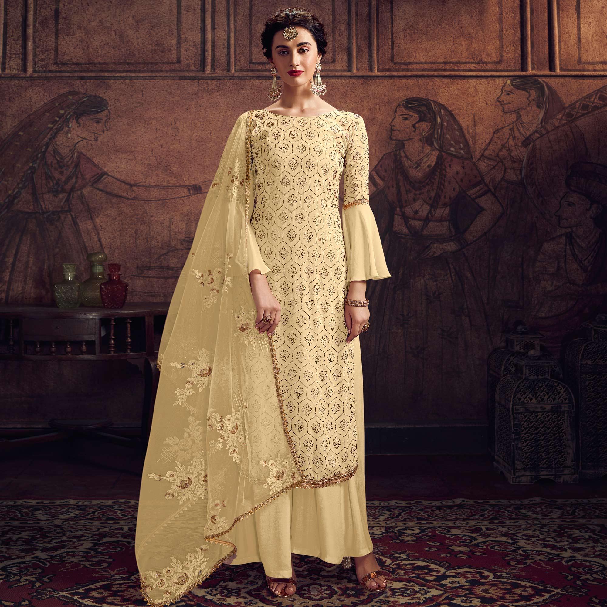 Gleaming Yellow Colored Partywear Embroidered Rangoli Georgette Palazzo Suit - Peachmode