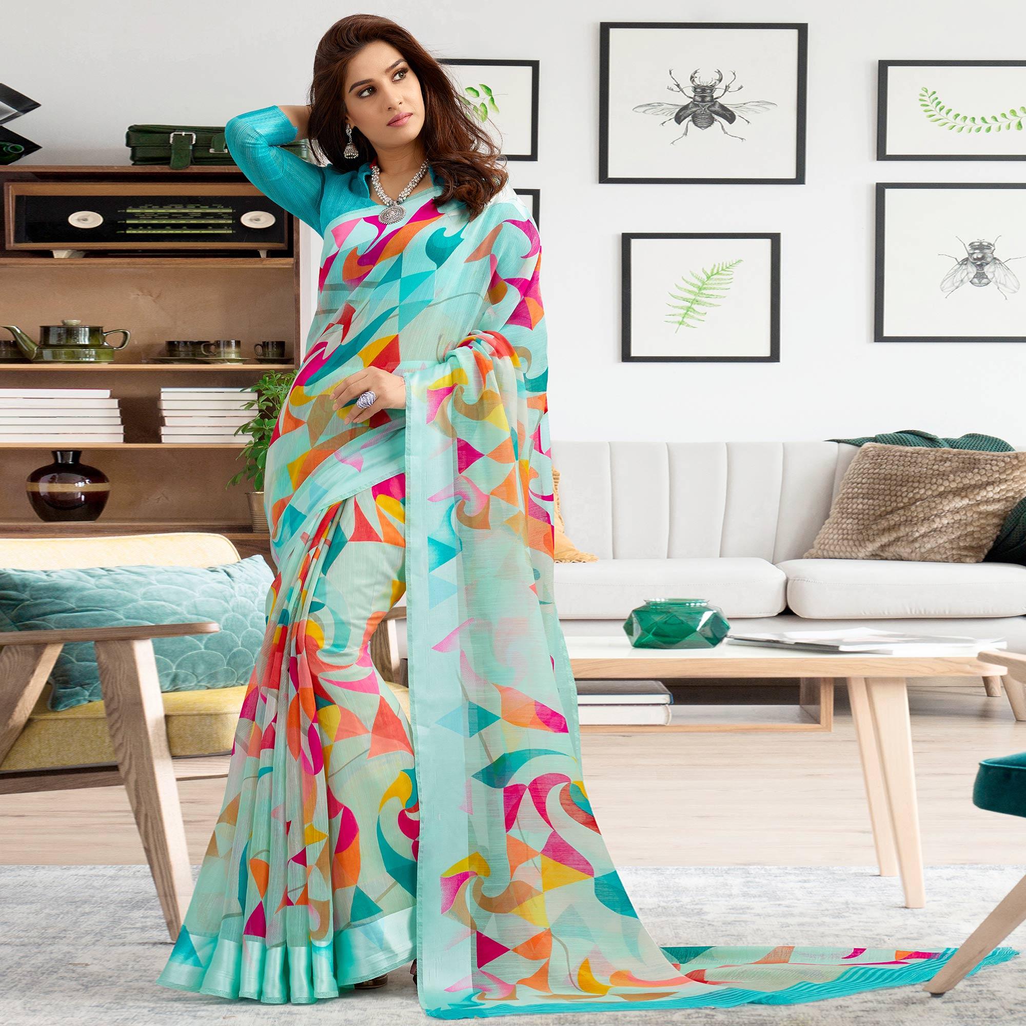 Glorious Aqua Blue Colored Casual Printed Cotton Saree - Peachmode